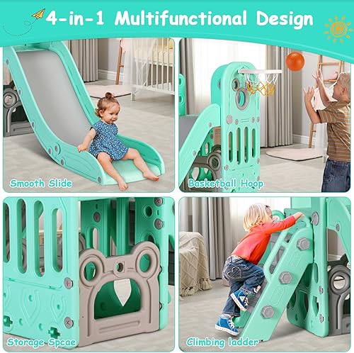 Miniatura 6 de MAMIZO Tobogán 6 en 1 para niños pequeños, tobogán extralargo para escaladores, parque infantil para interiores y exteriores, con aro de baloncesto