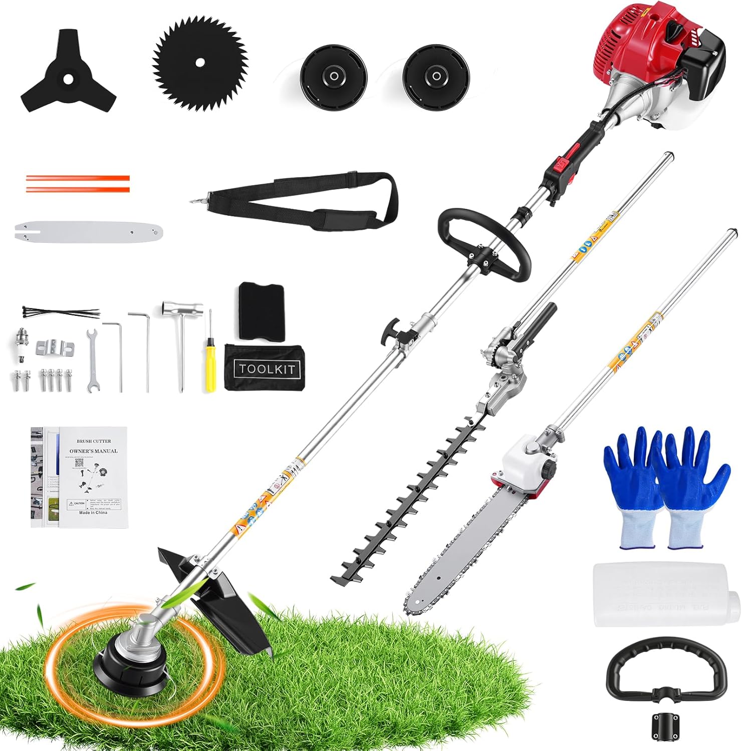 6-in-1 Gas Weed Eater, 58CC 2-Cycle Weed Wacker String Trimmer Lawn Mover Include Brush Cutter Pole Saw Hedge Trimmer Brush Cutter for Yard, Garden