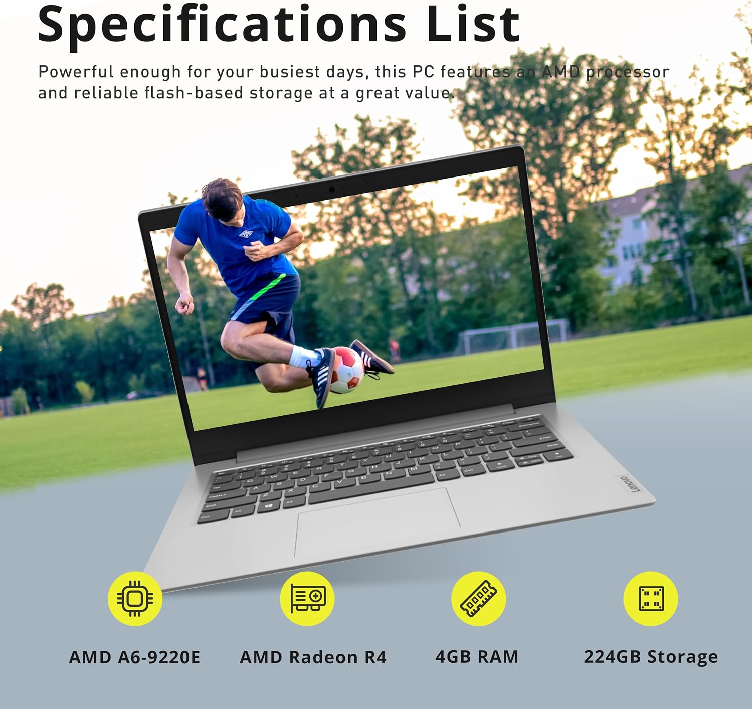 Lenovo IdeaPad 1 14" HD Laptop, AMD A6-9220e, 4GB RAM, 224GB Storage (64GB eMMC + 160GB Docking Station Set), AMD Radeon R4 Graphics, Webcam, WiFi, 1 Year Office 365, Windows 10, Platinum Gray