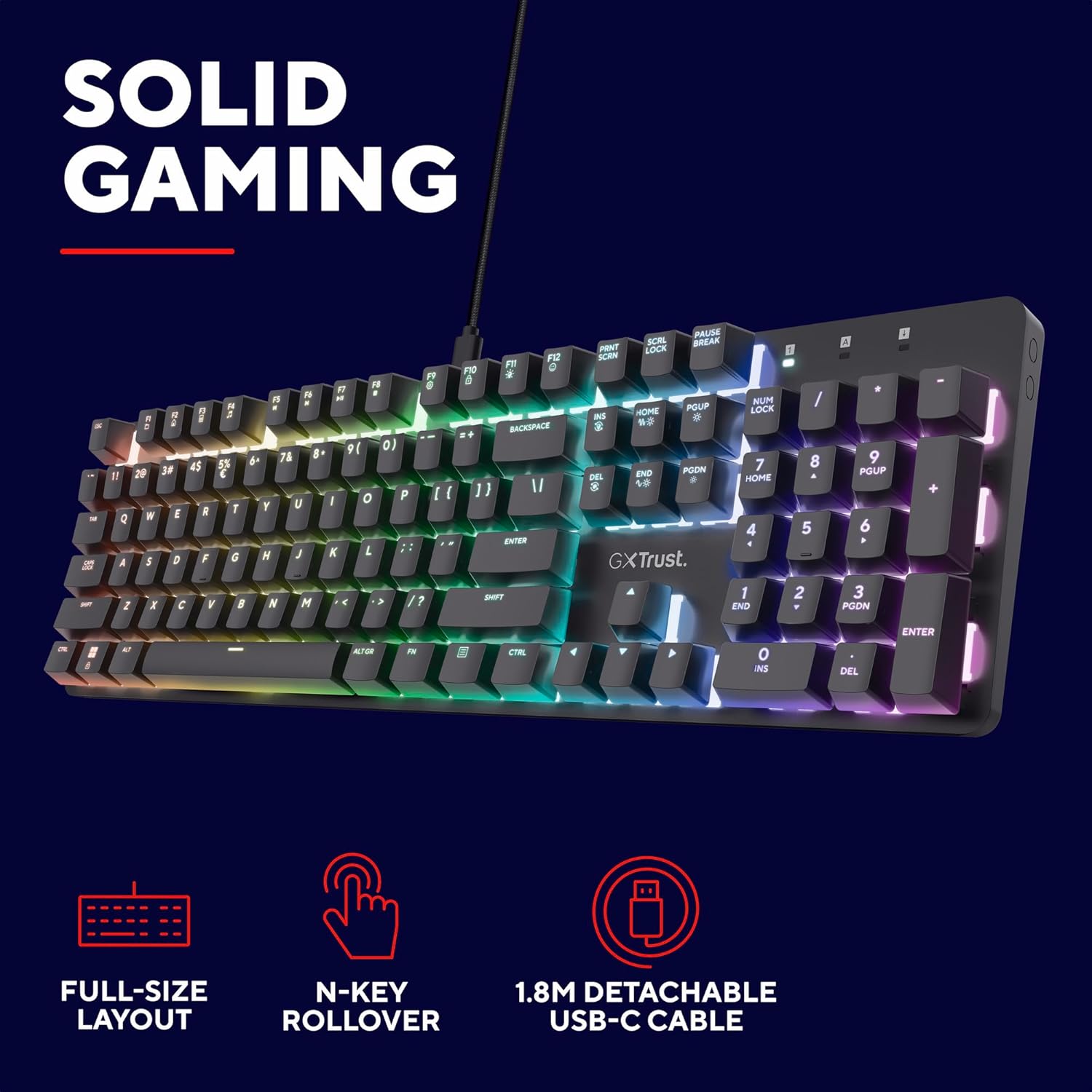 Diagram highlighting key features of the Trust Gaming GXT 871 Zora keyboard: full-size layout, N-key rollover, and 1.8m detachable USB-C cable.