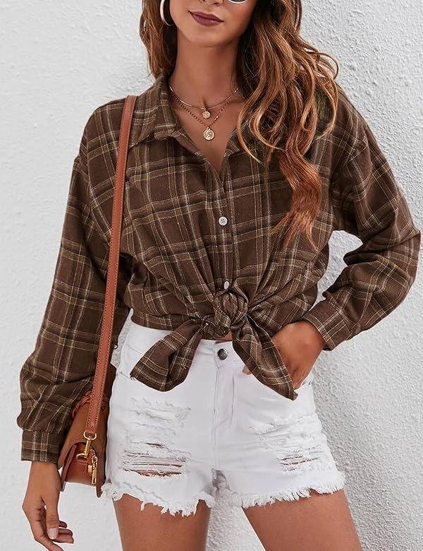 HangNiFang Brown Plaid Shirts for Women Button Down Oversized Flannel Shirts(0368-Brown-XL) by HangNiFang - Used condition - Image 4