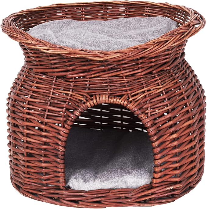 Indoor Wicker Cat Cave House 2Tier Kitten Wicker Basket Pet Sleeping