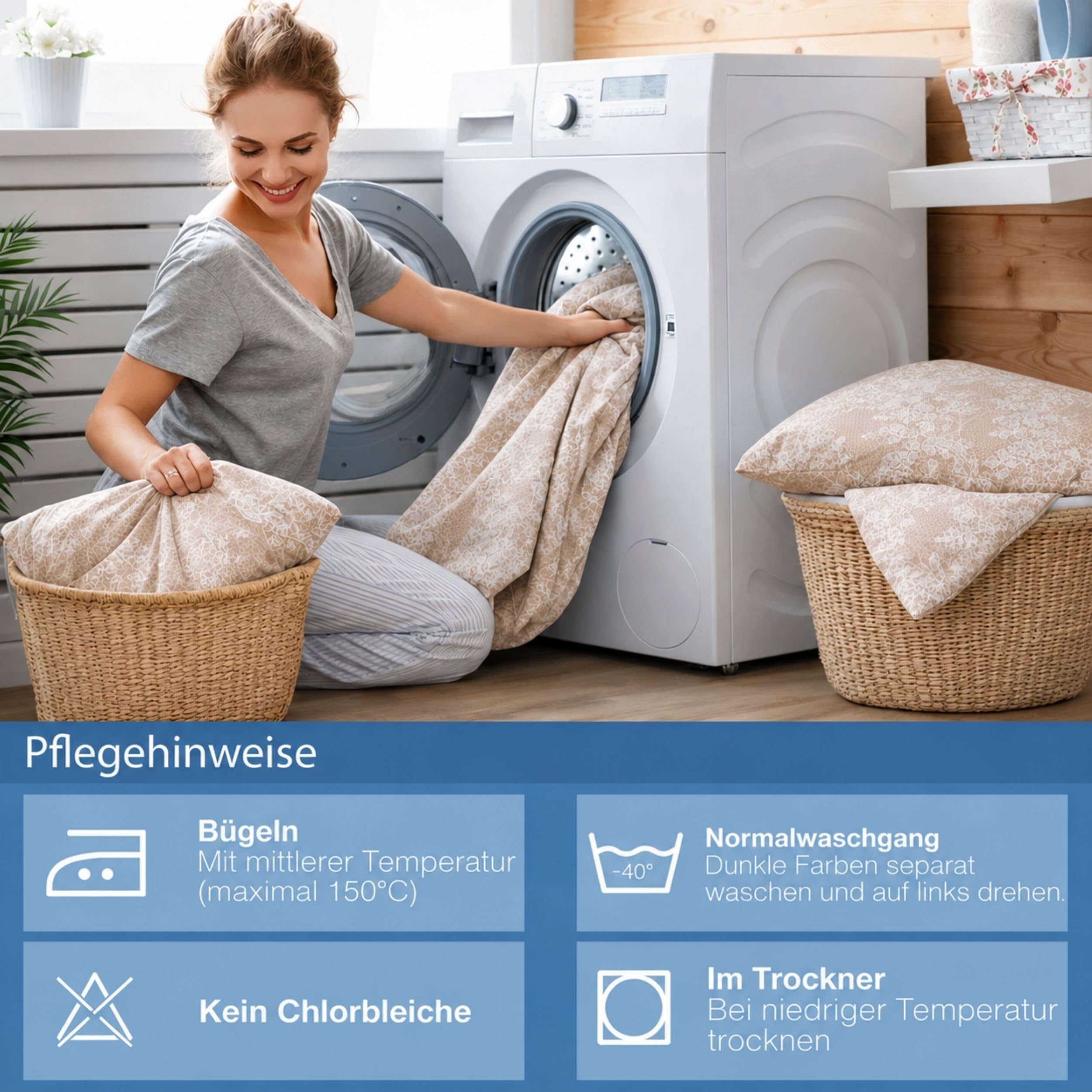 Bettwäsche 155x220 cm 4-teilig – Beige Creme Bettbezug mit Elegantem Spitzen & Ornament Muster – 2x Bettbezüge 155x220 + 2x Kissenbezüge 80x80 – Renforcé Baumwolle – Ganzjahresbettwäsche, Ornella