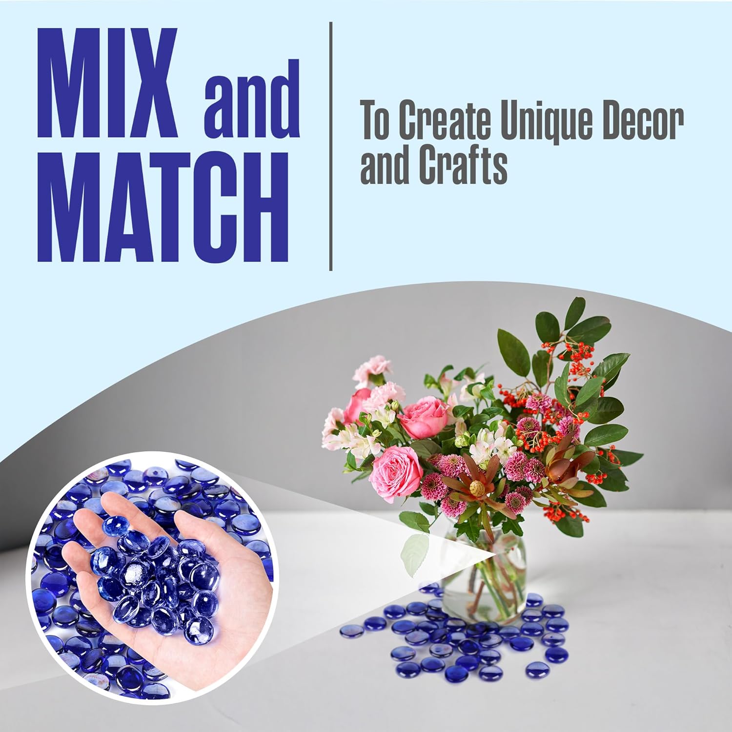 Houseables Glass Beads for Vases, Marbles for Vases, Glass Marbles, Filler, Blue Beads, Flat, Blue Gems, Crafts, Pebbles, Stones, Decorative Rocks, Plants, Florist, Floral, Fishbowl, 10 LBS, 1000PC