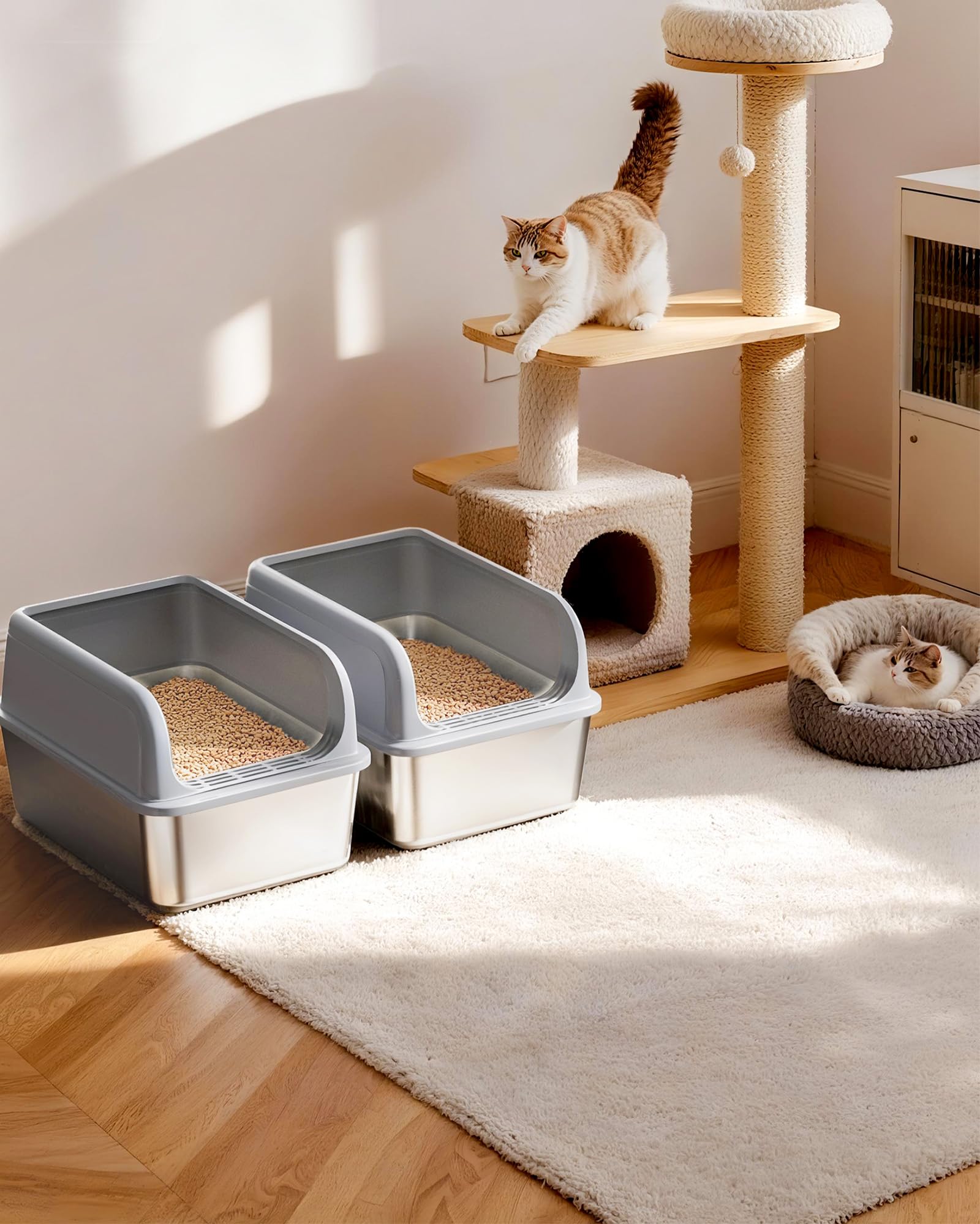 2-Pack Stainless Steel Cat Litter Box for Kitty with Scoops, Non-Stick & Easy-to-Clean Metal Cat Litter Box with Leakproof Enclosure, Grey - image 7