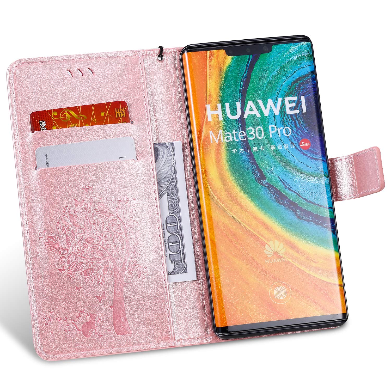 TOUCASA Cover per Huawei Mate 30 Pro, Flip Custodia [Magnetica Supporto] [Lavorato Superficie] PU Pelle Portafoglio Unico Sottile Funzione TPU Antiurto Flip Cover Custodie Protettivo (Oro Rosa