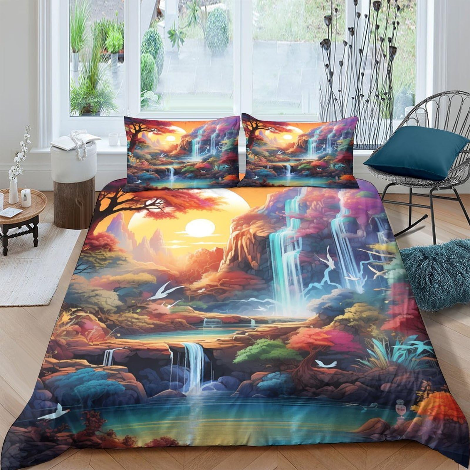 Ctjqhvkz Style-10 3D Printed Waterfall Sunset Fitted Sheet Microfiber Slip-Resistant Forest Landscape Mattress Cover Bedroom Dorm Decor Single（135X200cm）