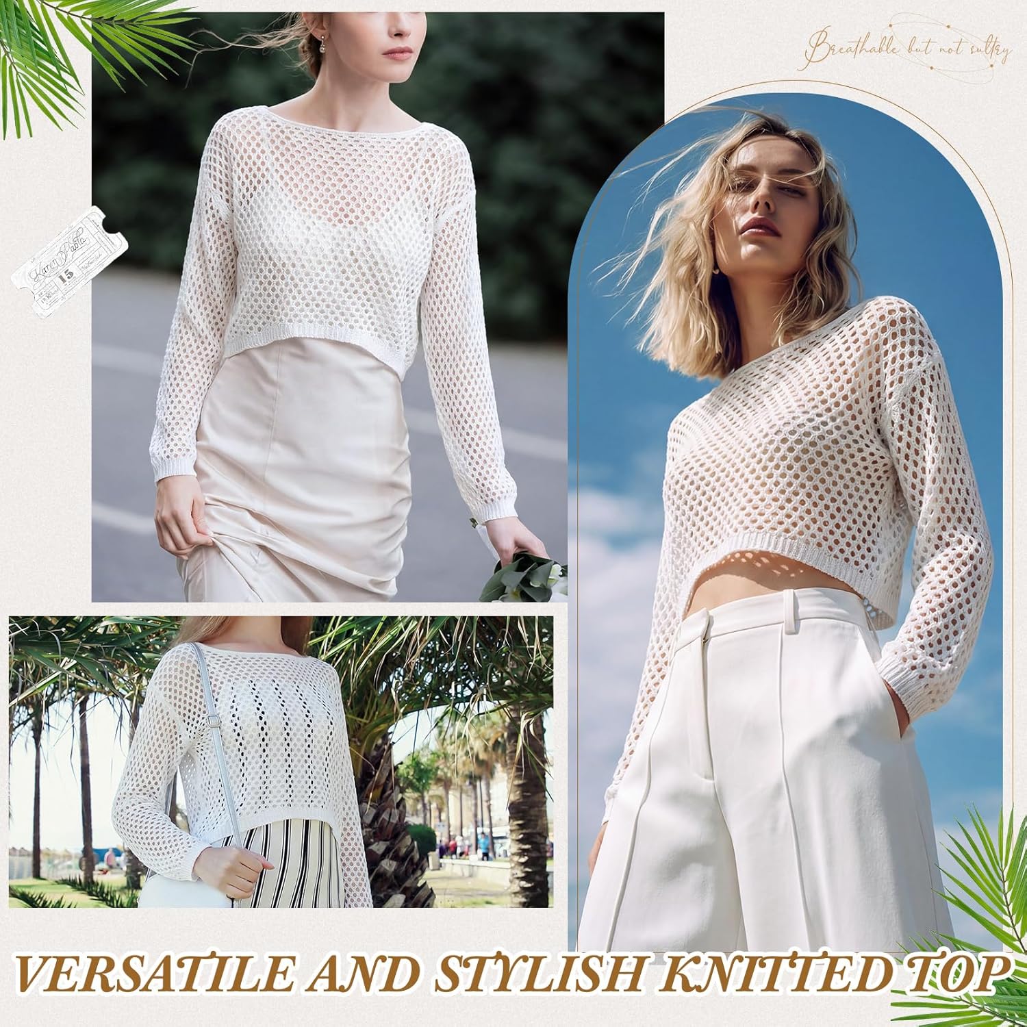 Cuffbow Women's Crochet Crop Top Beach Swimsuit Cover up Long Sleeve Hollow Out Knit Shrug Sheer Mesh Layering Top Cover Ups for Casual, Beach & Daily Outfits White - Image 6