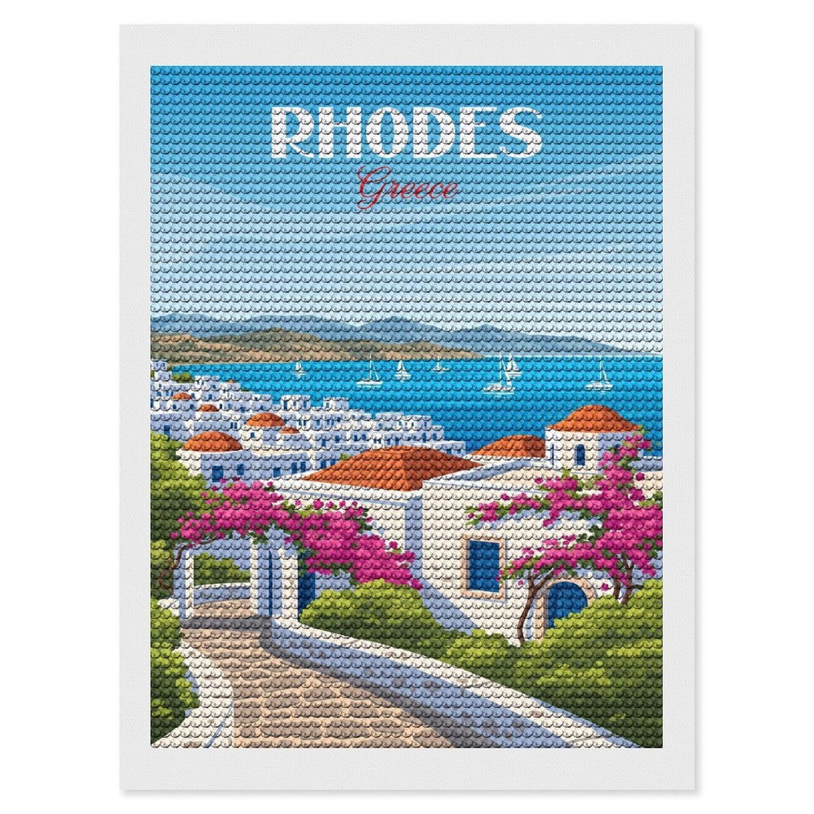 Junmoney Rhodes Greece Full Drill Diamond Painting Kit 12"x16", Mindful Craft Activity, Bedroom Decor, for Adults, Gift Idea