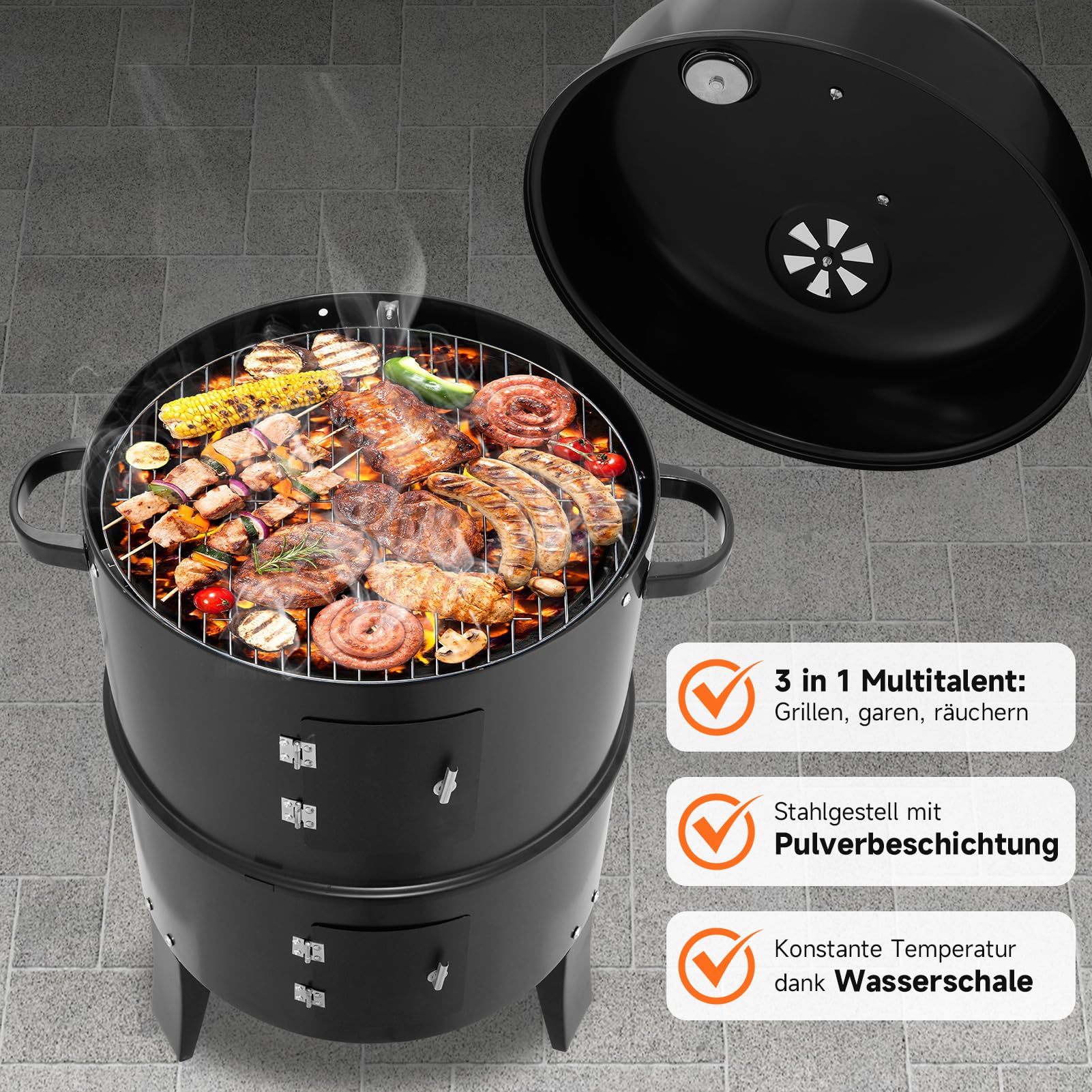 Horno 3 en 1 para ahumar, parrilla de carbón vegetal con tapa | Barbacoa para ahumar Barbacoa camping Barbacoa & Garen Barbacoa multifunción para ahumar