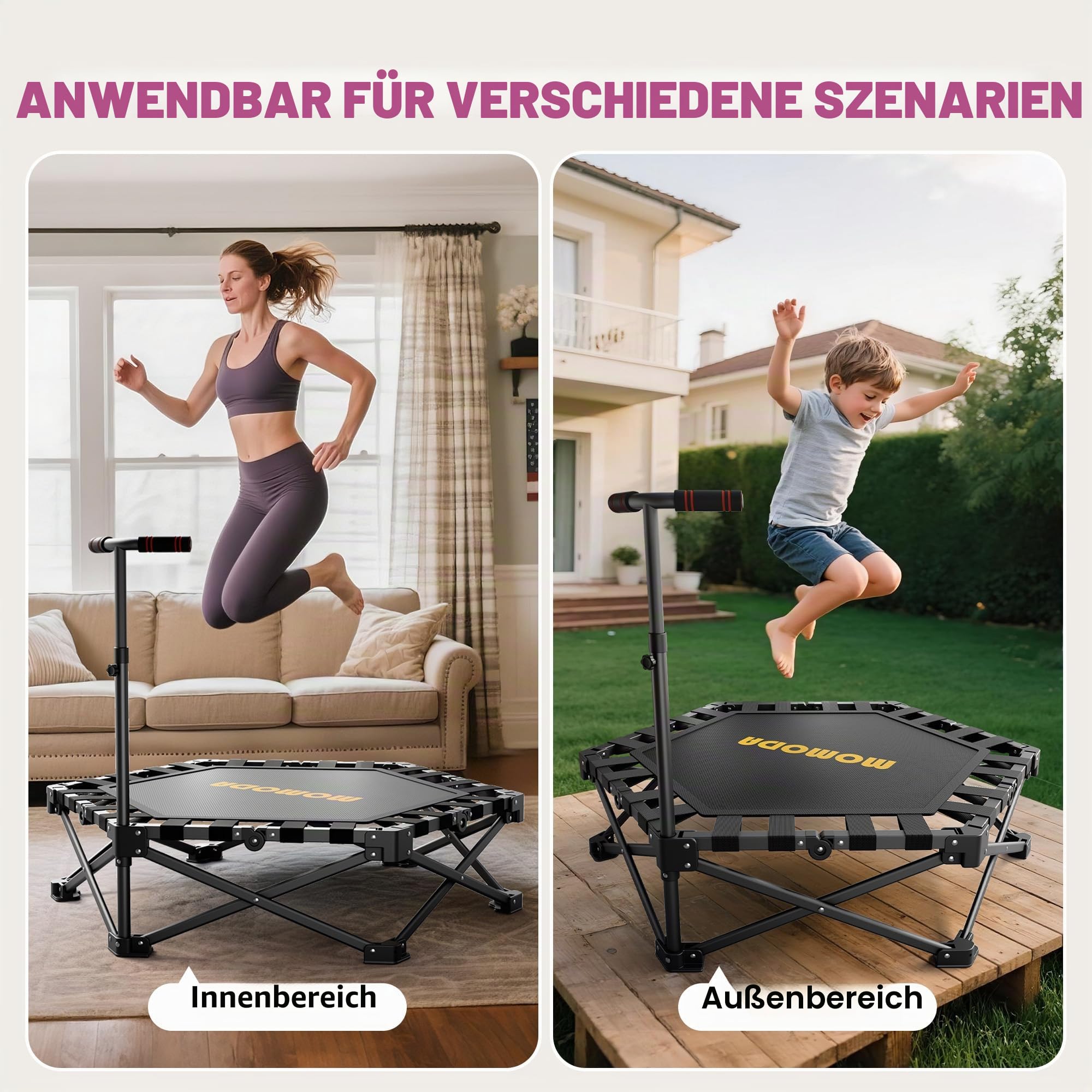 MOMODA Klappbar Fitness Trampolin Indoor mit Griff, Keine Installation Rebounder für Kinder und Erwachsene, Durchmesser 106 cm