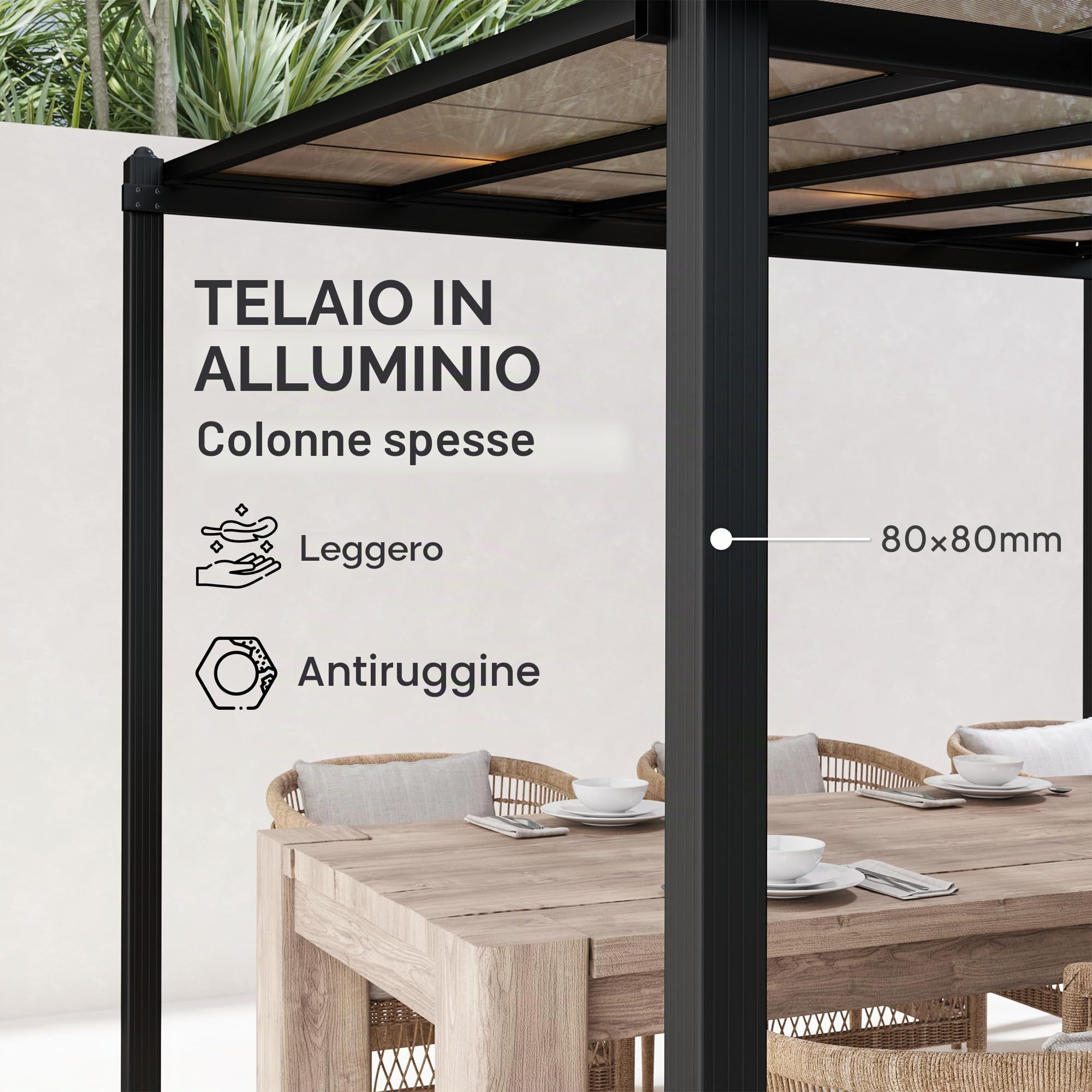 Outsunny Pergola da Giardino in Alluminio 3 x 3 m con Tetto in Policarbonato Impermeabile, Sistema di Drenaggio, Protezione UPF30+ per Patio Terrazzo Cortile, Grigio