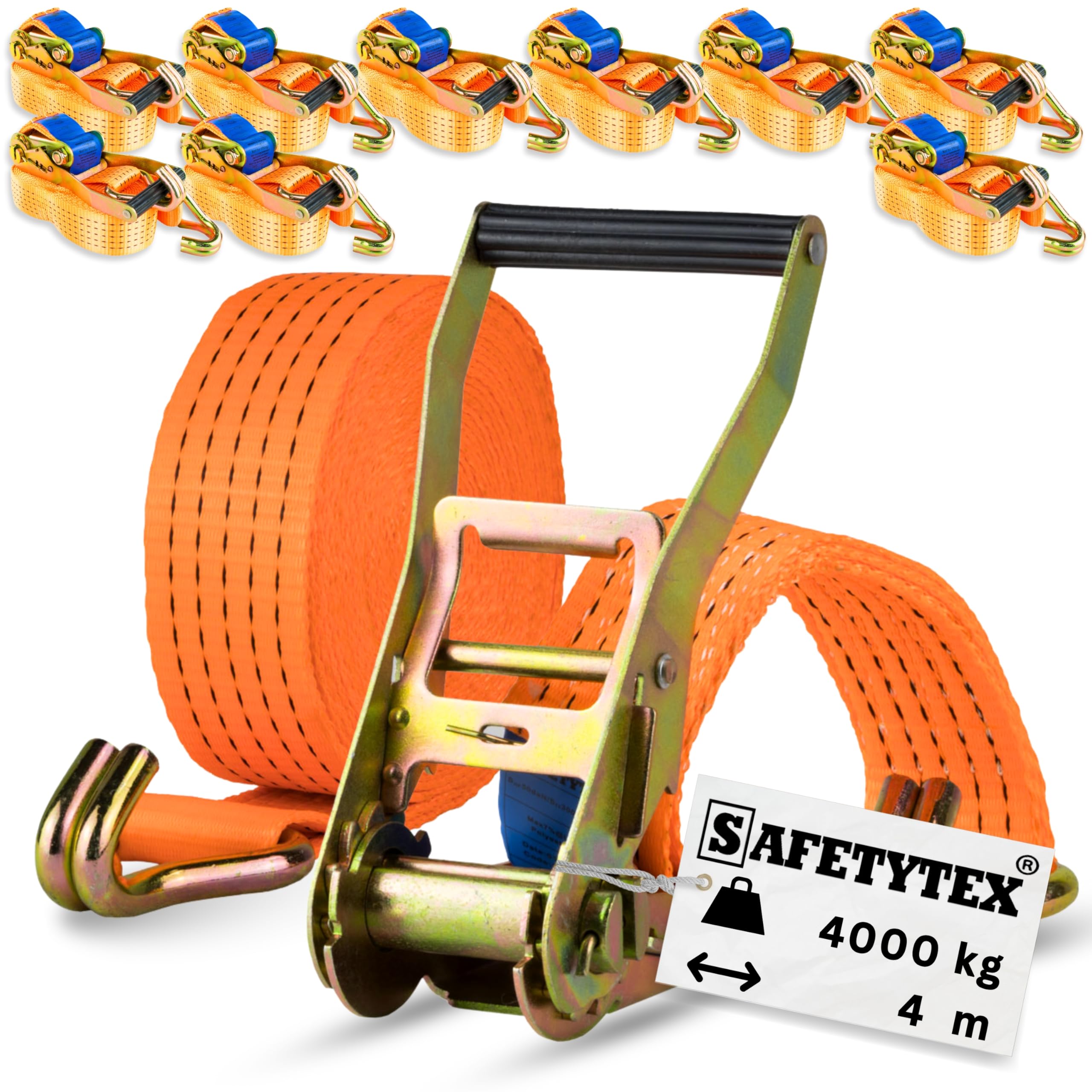 Safetytex Spanngurt 4t zweiteilig mit Ratsche & Spitzhaken – 4m lang 50mm breit – LC 2000/4000 daN – Zurrgurt zweiteilig – Profi-Ratsche – 100% Polyester (10 Stück)