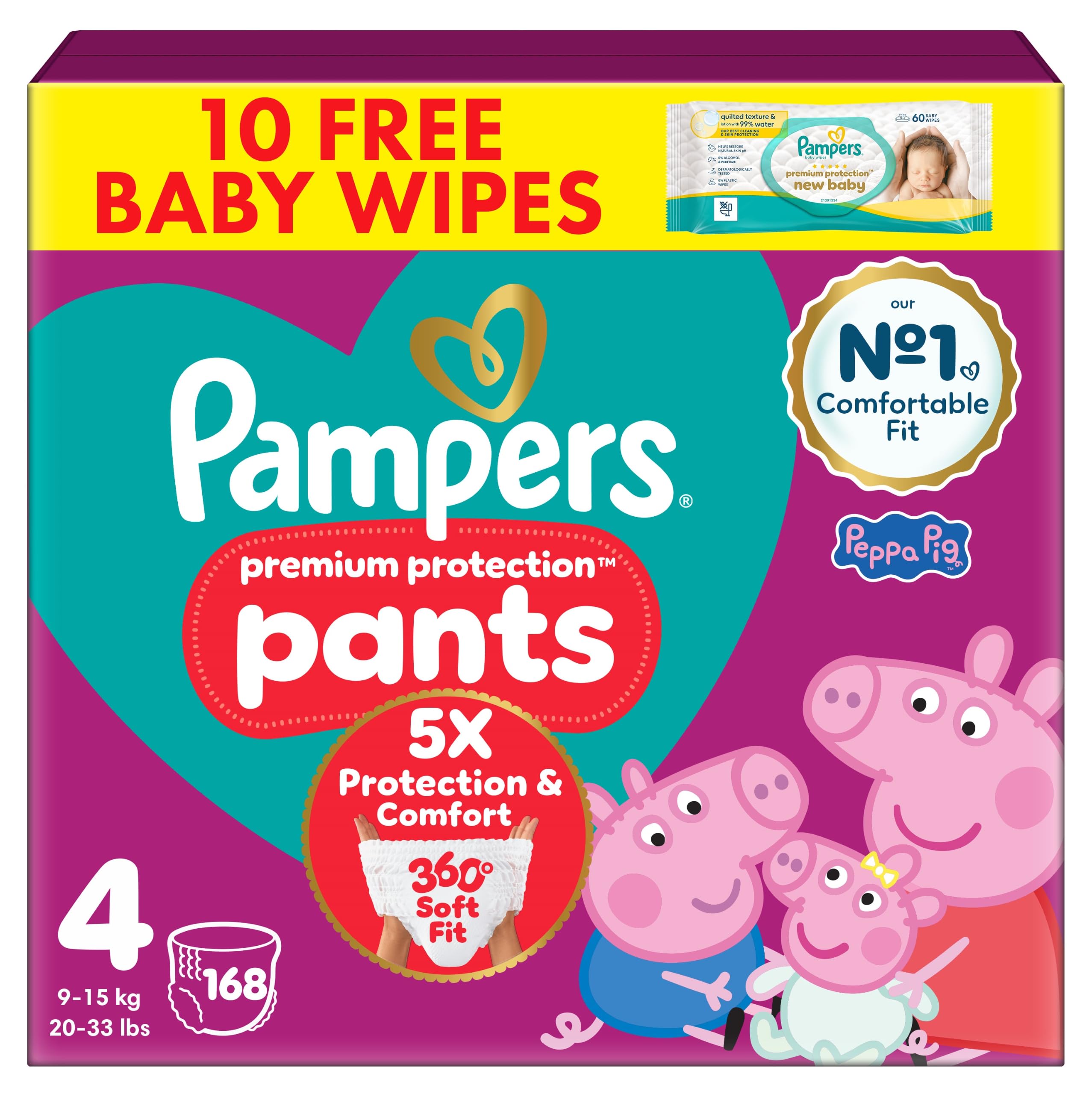 Pampers Premium Protection Nappy Pants Size 4, 168 Nappies, 9kg-15kg, Monthly Pack + Pampers Harmonie Aqua Baby Wipes 1 pack of 10 Wipes