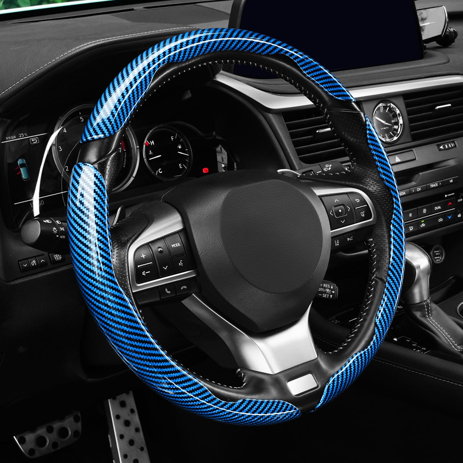 Amiss 3pcs Carbon Fiber Anti-Skid Steering Wheel Cover, Waterproof Design, Universal Fit for 14-16 Inch Car Wheel Cover, Interior Car Accessories for Jeeps, SUVs, Trucks (Glossy Blue)