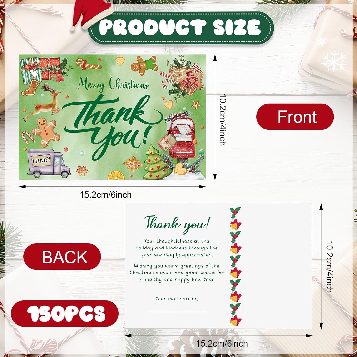 150 Pcs Christmas Mail Carrier Thank You Postcard Letter Carrier Thank You Card Christmas Postcard 4'' x 6'' Xmas Greetingcards for Postal Xmas Greeting Mail Customer Gift