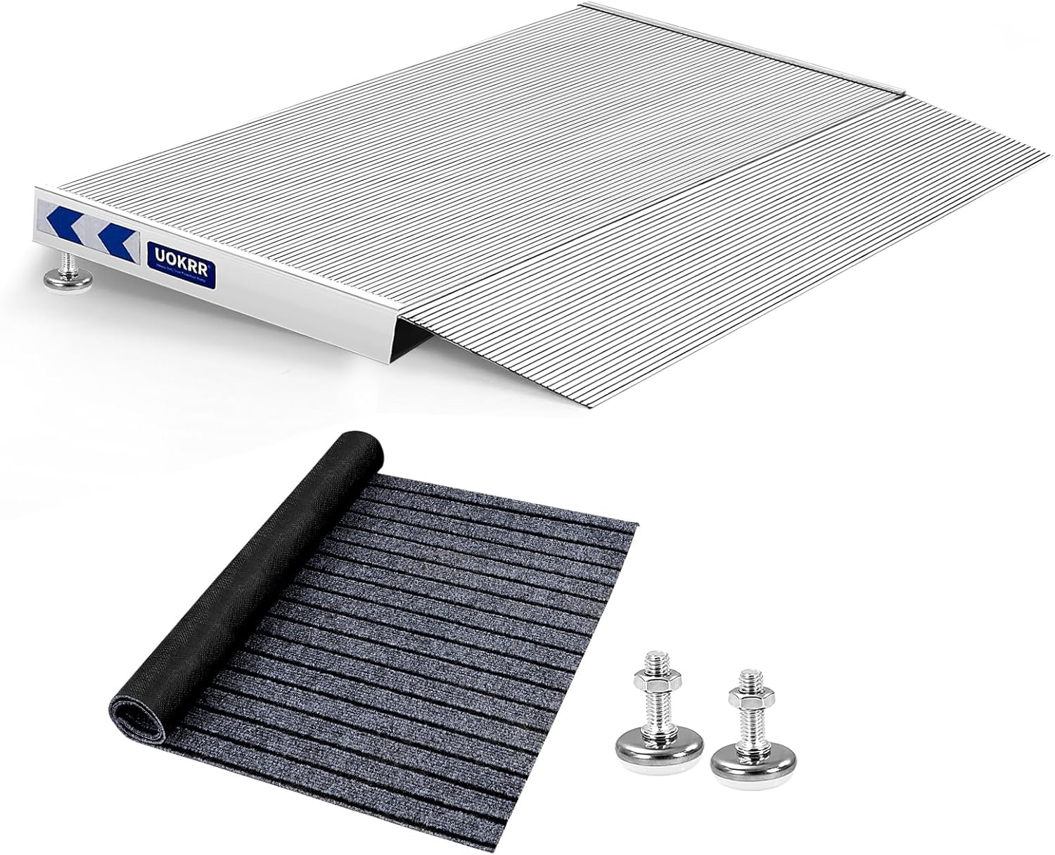 Aluminum Threshold Ramp for Wheelchairs, 1.6-3.2" Rise Door Ramps for Doorways, 18‘’ Portable Self Supporting Entry Handicap Ramp with a Non-Slip Thick Door Mat 18x36 inch & 1.6-3.2" Rise Adjustable