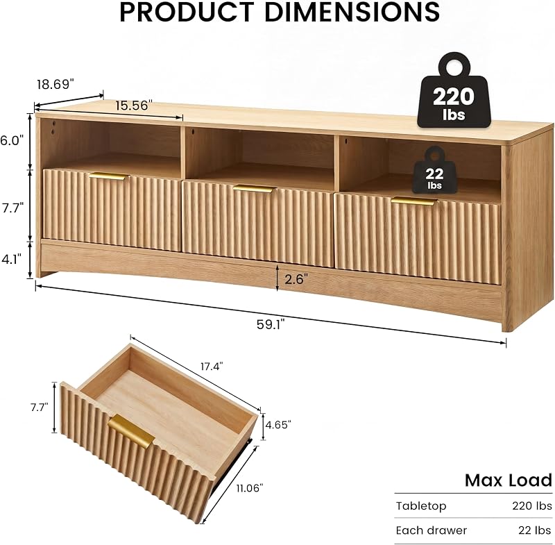 Amada TV Stand Fluted for TVs Up to 65″, Mid-Century Modern Entertainment Center with Storage Drawers and Open Shelf, TV Console for Living Room or Bedroom, Natural Oak image 2
