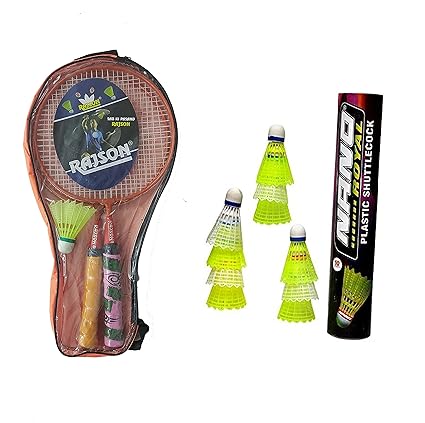 Rajson Badminton Racket Krish for Kids, Set of 2 Piece -1 Pair & 10 Piece - 1 Box Plastic Cock Nano for Gifting Someone. Colour May Vary (Multi Color)