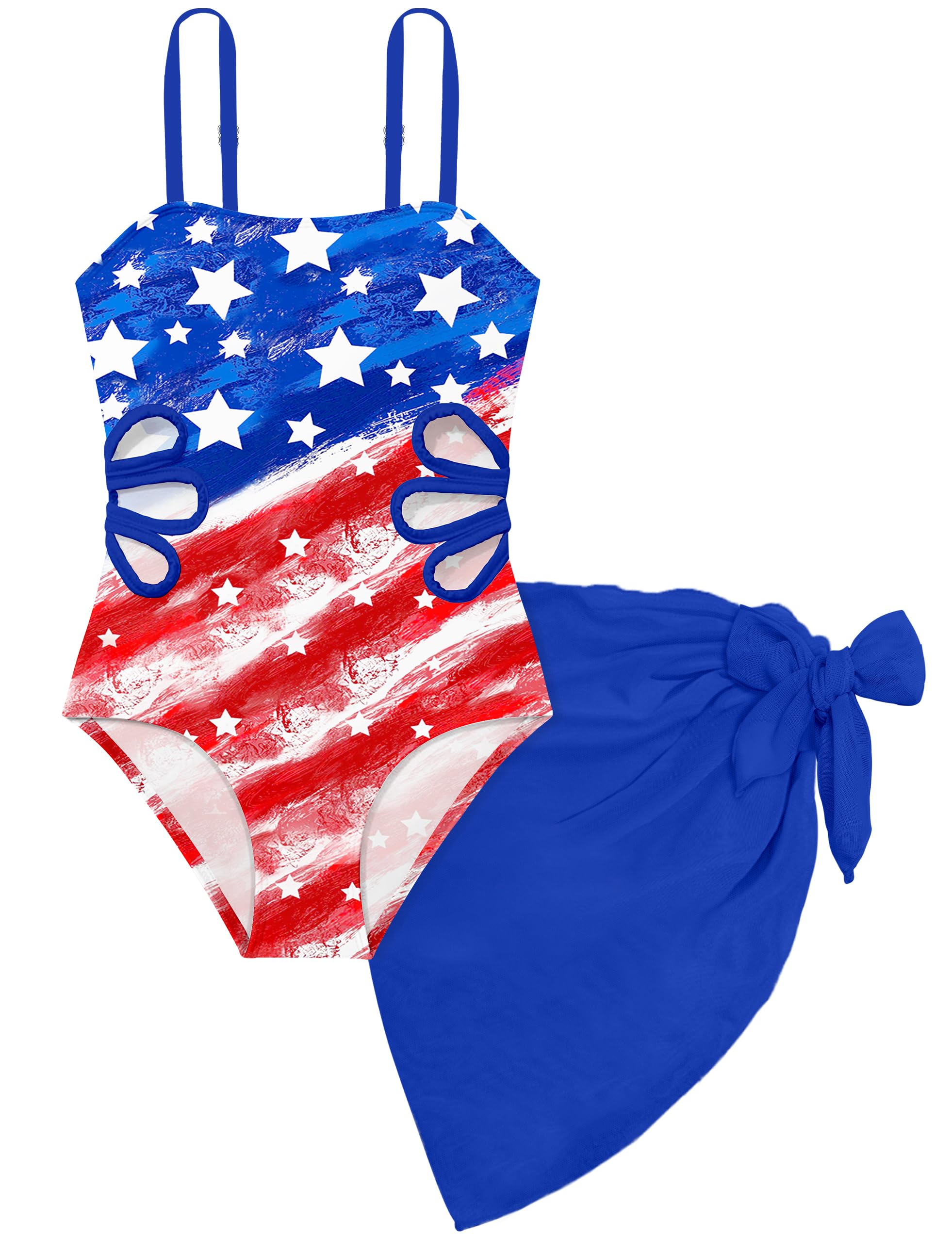 Girls Swimsuit Adjustable Straps Cut Out One Piece Bathing Suit with Solid Color Cover Up Skirt Girls' Swimwear 5-16Y