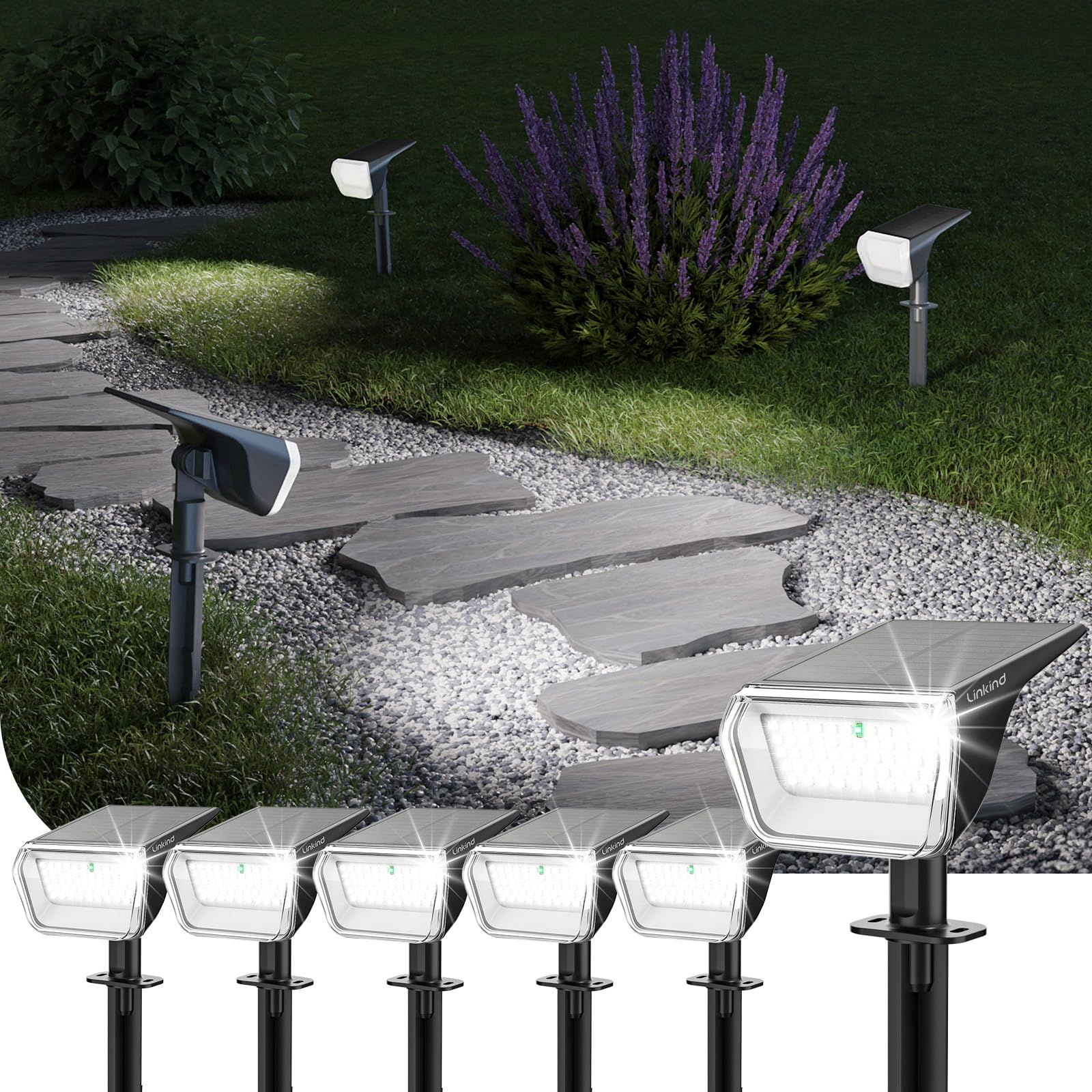 Linkind Solar Spot Lights Outdoor Waterproof Floodlight Cool White 6 Pack | Wide Beam, 60 LEDs, 800LM, 2 Brightness Modes, 6500K, Dusk to Dawn, for Landscape Garden Patio Pathway Flag Yard House Sign
