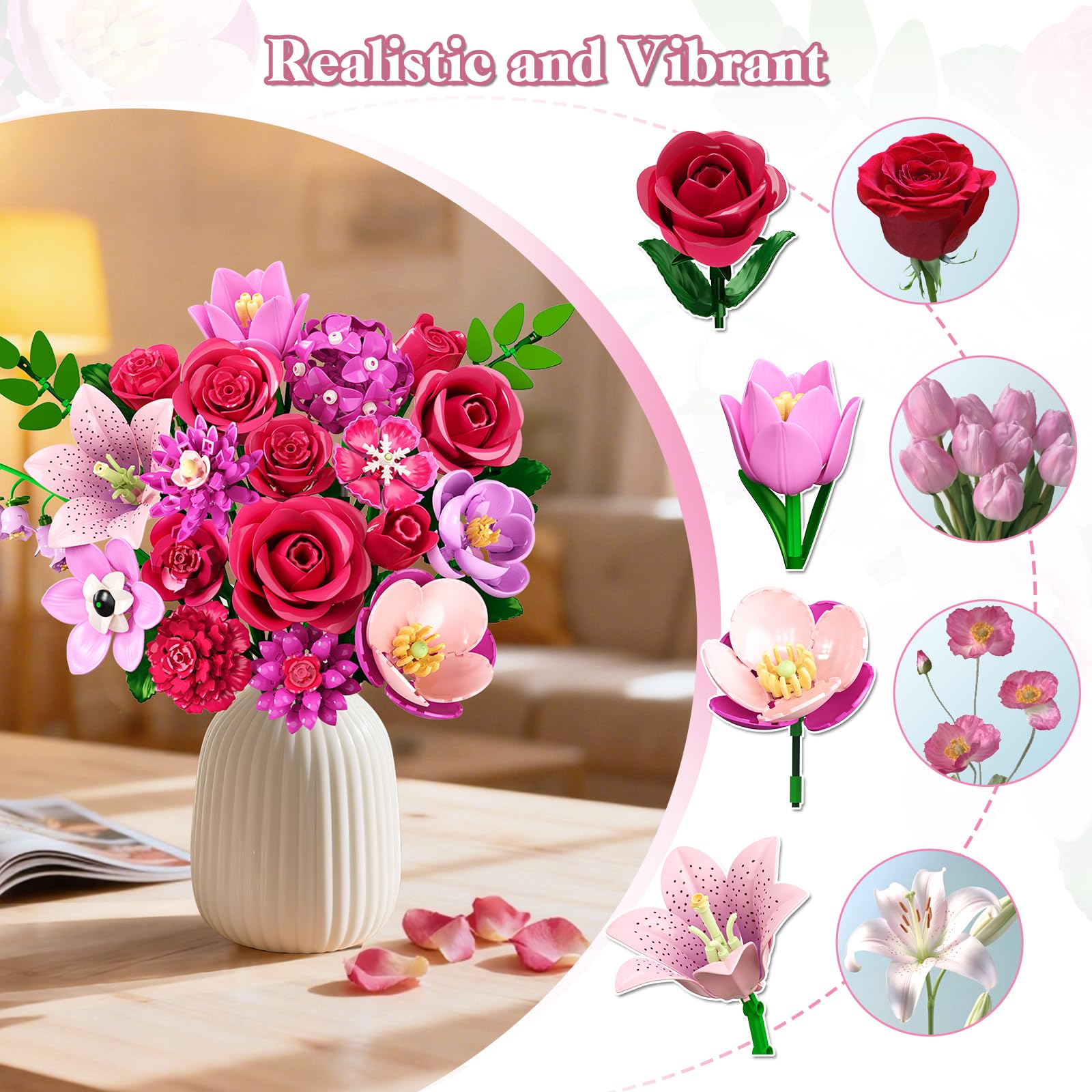 CUBIMANA Blumenstrauß Bausatz mit LED, 21 Rosen Blumen Botanik Kollektion für Erwachsene, 832 Stück Pflanze Set für Home Deko, Valentinstag Geburtstag Geschenk für Frauen Mutter Mädchen 12+ (Rosarot)
