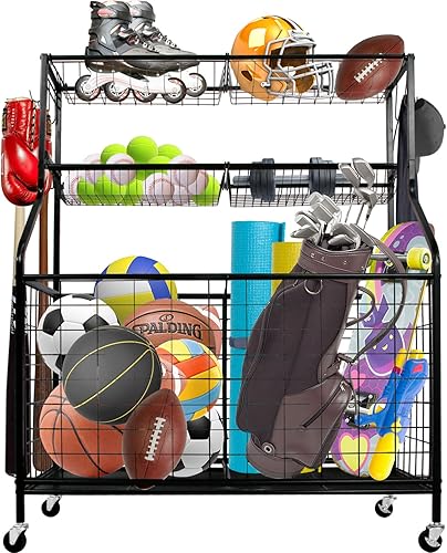 AQNIEGEP Organizador de almacenamiento de equipos deportivos de garaje, estante de almacenamiento de pelotas de garaje, estantes de baloncesto