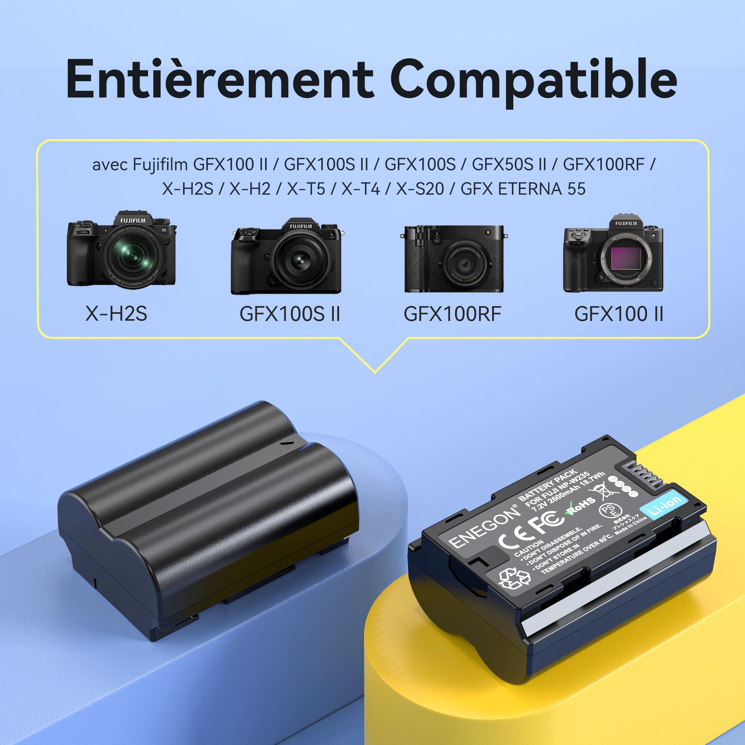 ENEGON NP-W235 20W Dual-Akku-Schnellladegerät-Set (2 x 2600 mAh) für X-T5, X-T4, GFX100 II，GFX100S II, GFX 100S, GFX 50S II, GFX100RF， VG-XT4 sowie X-H2S，X-H2 und X-S20