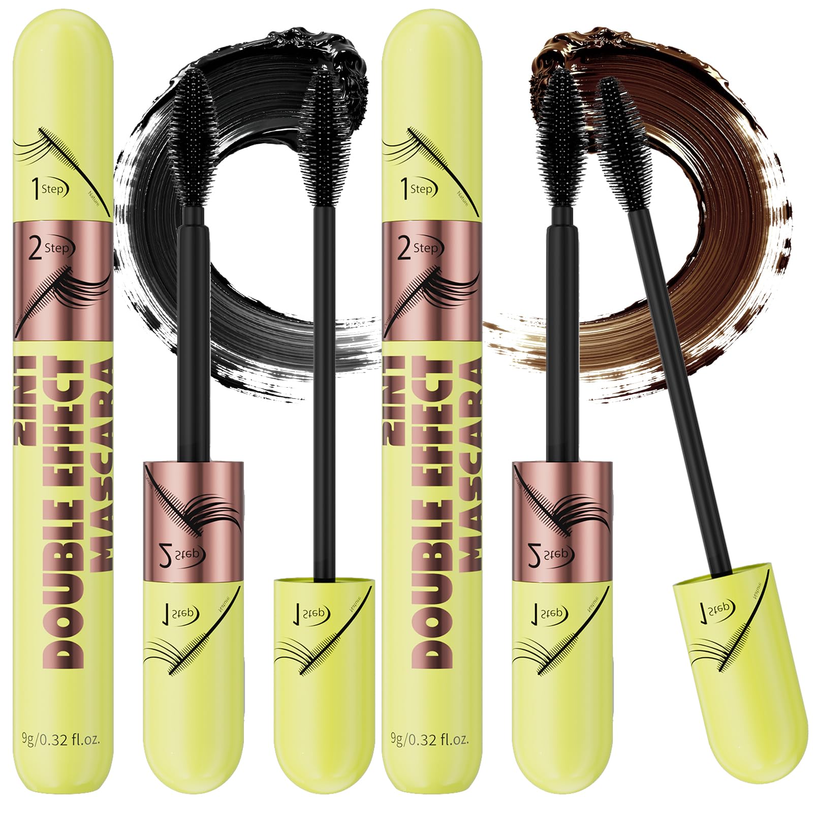 2Pcs 2-in-1 4D Silk Fiber Mascara,Waterproof Smudge Proof Black Brown Women