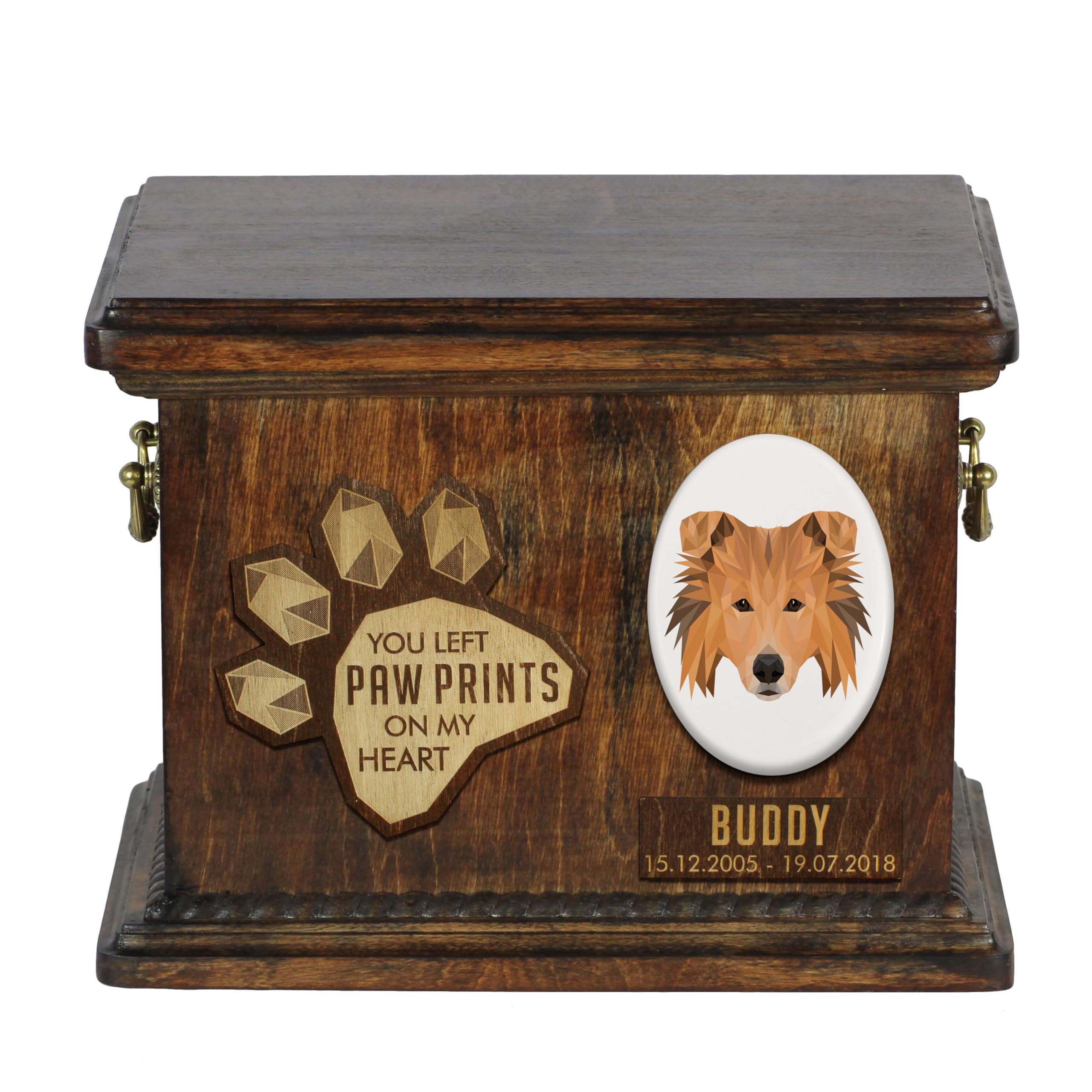 Art-Dog Custom Geometric Dog Memorial Urn - Handmade Wooden Urn – Decorative Ceramic Plate - Custom-made Dog Cremation Box for Ashes - 8,3x11,4x8,7” – Collie — image 1