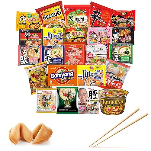 FOODIE BOXX Variedad de ramen instantáneo coreano-japonés Fusion, paquete de 15 fideos con galleta de la fortuna y palillos