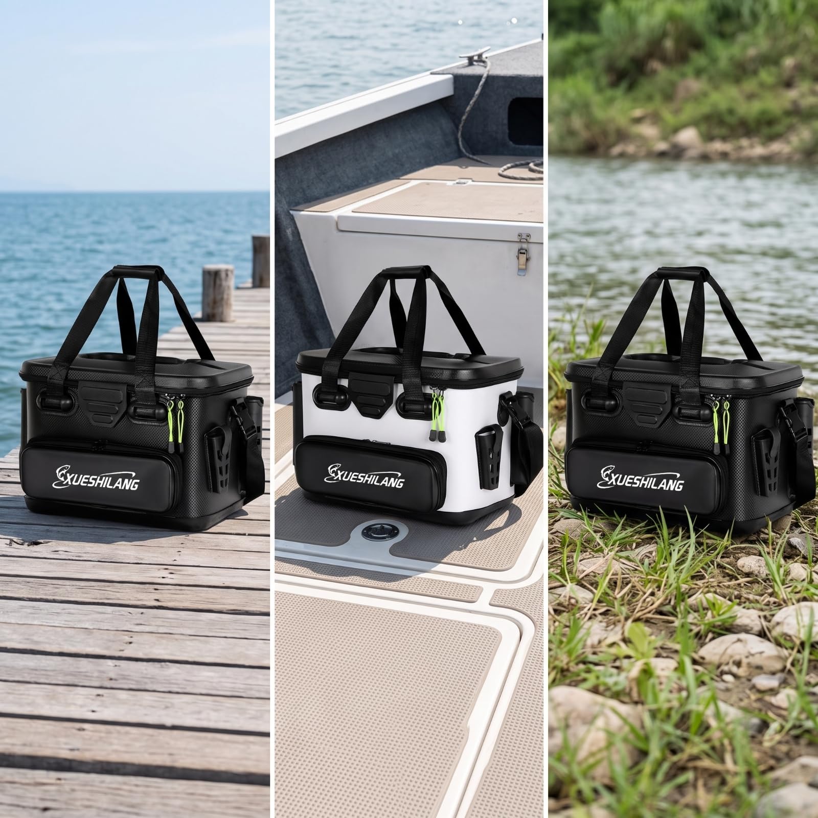 perfk Contenitore da Pesca Cassetta per Esche Organizzatore Rigido Borsa Porta Canne Portaoggetti con Scomparti E Tracolla per Mobilità Adatto per Pescatori, Nero, Medio