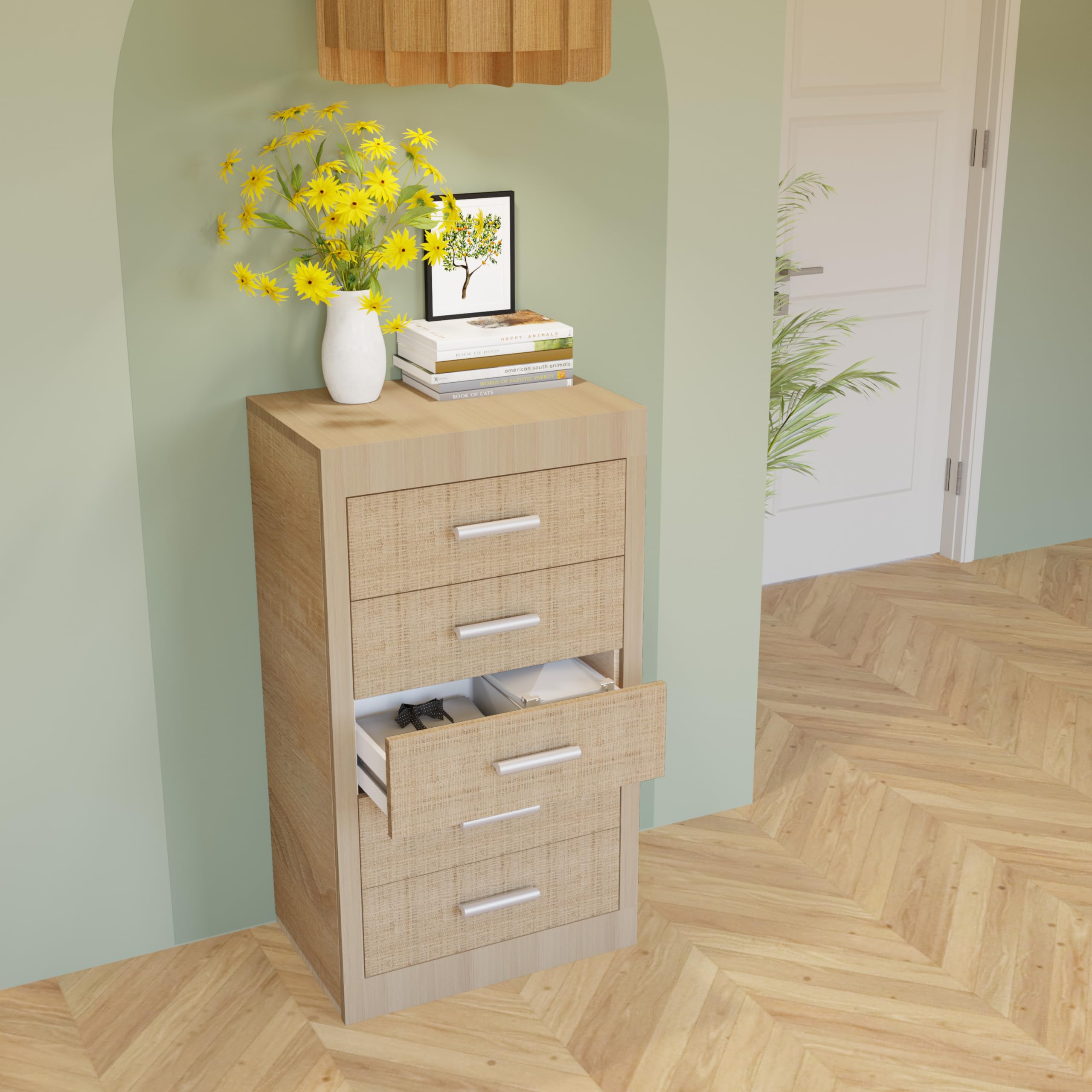 duehome | Pack de Dormitorio con Cabecero + 2 mesitas de Noche + Sinfonier + Espejo + Armario y Cajonera Interior, Dormitorio Completo, Modelo Kira 5c Plus, Acabado en Tofe y Textil