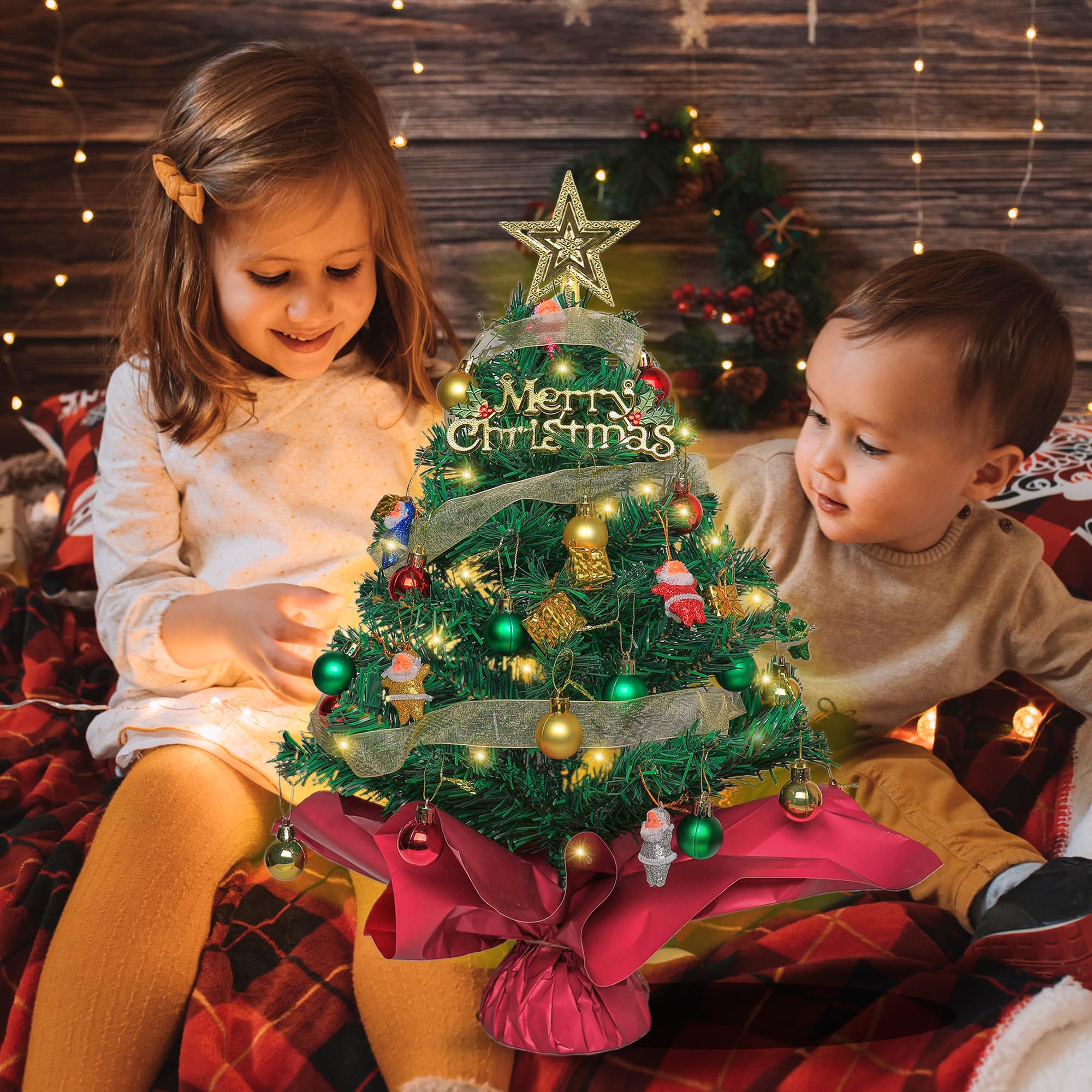 24inch/2ft Tabletop Christmas Tree, Green Mini Artificial Christmas Tree, Small Xmas Tree with Lights, Gift Box and Ball Ornaments for Holiday Indoor DIY Christmas Decoration Gifts