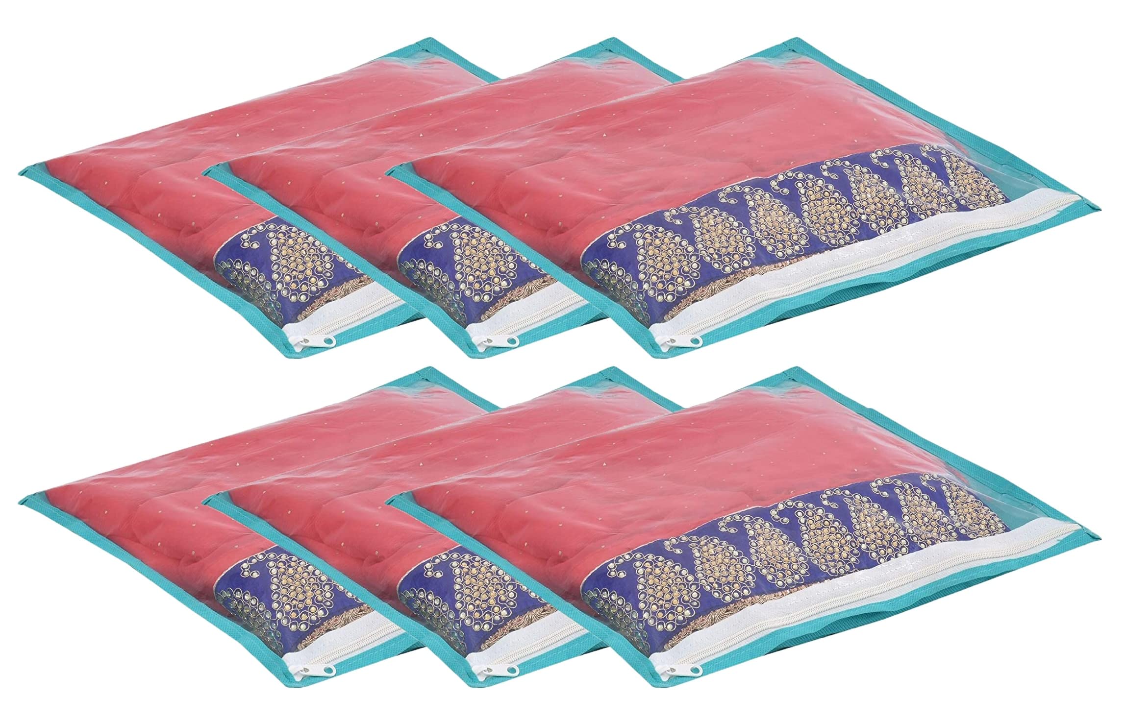 DIKHAWA 6 Piece Non Woven Fabric Single Packing Saree Cover with Zip for Storage (43X35 CM_GREEN)