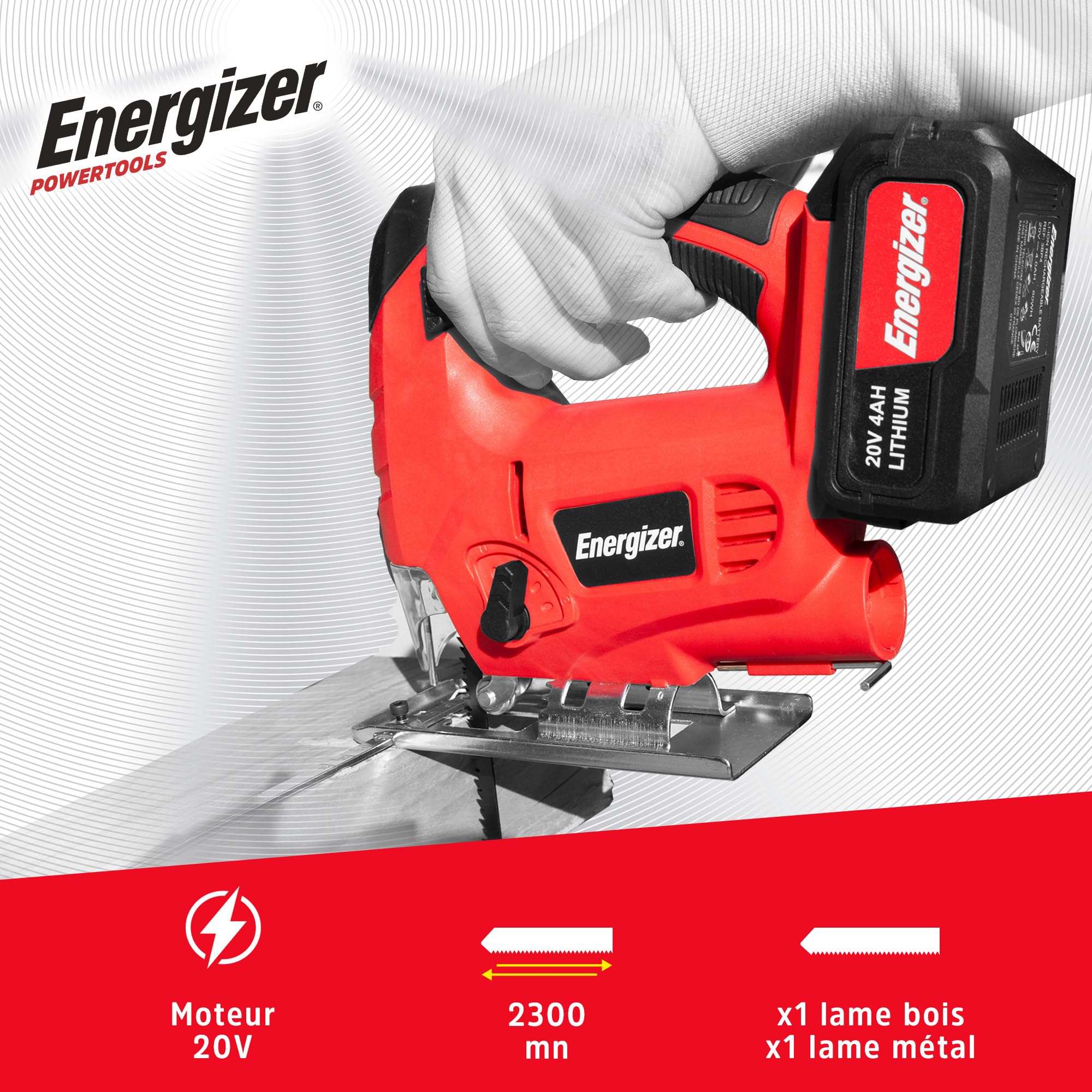 Energizer - Sierra de calar inalámbrica 20 Voltios – 2300 OPM, corte madera 80 mm/metal 6 mm – Incluye 2 baterías 20V 2AH + cargador - Cambio rápido de hoja sin herramientas, conexión para aspiració