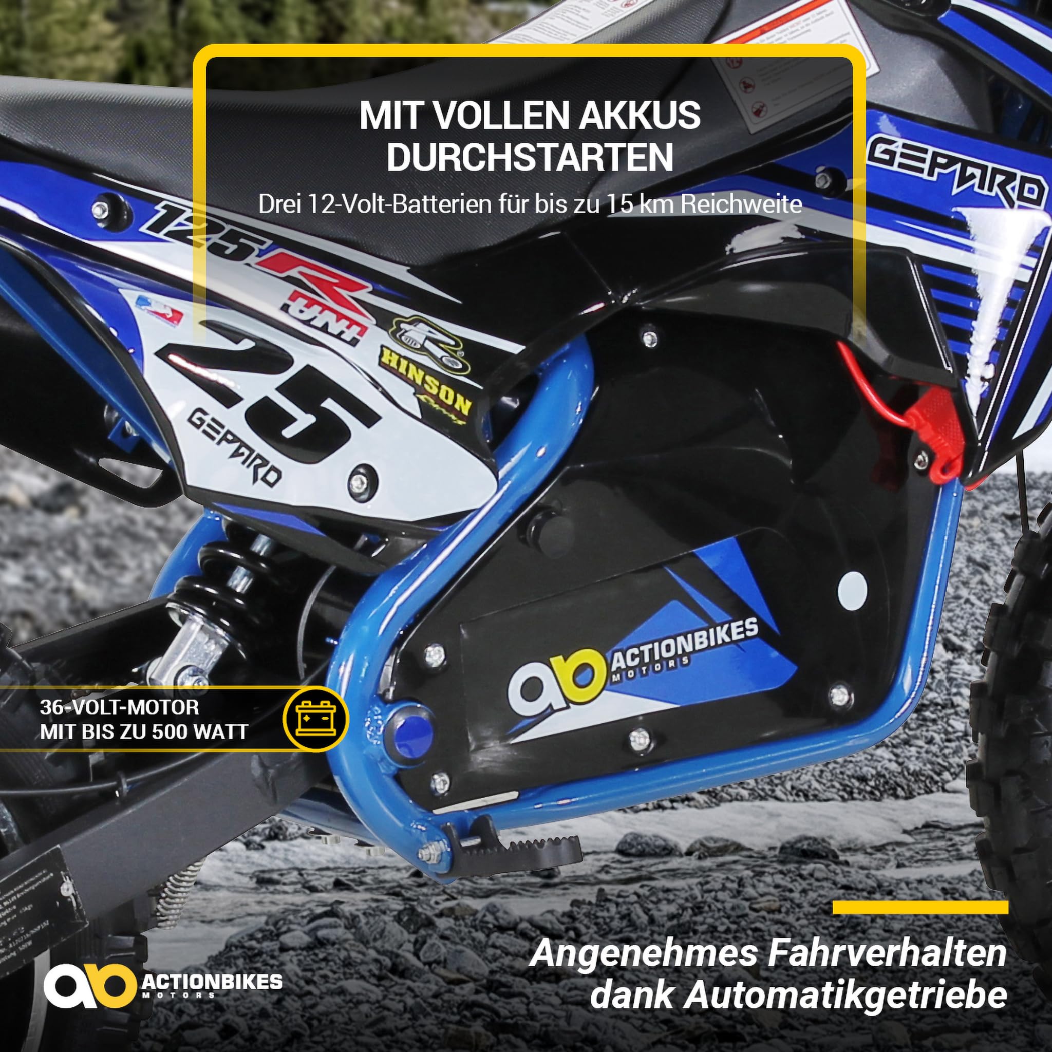 Actionbikes Motors Kinder Elektro Crossbike Gepard | 𝟱𝟬𝟬 Watt Motor bis 𝟐𝟒 km/h - Motorrad - Pocket Bike - Dirt Bike - Motocross - Pocketbike - Motorsport - Dirtbike - Enduro ab 8 Jahren (Blau)