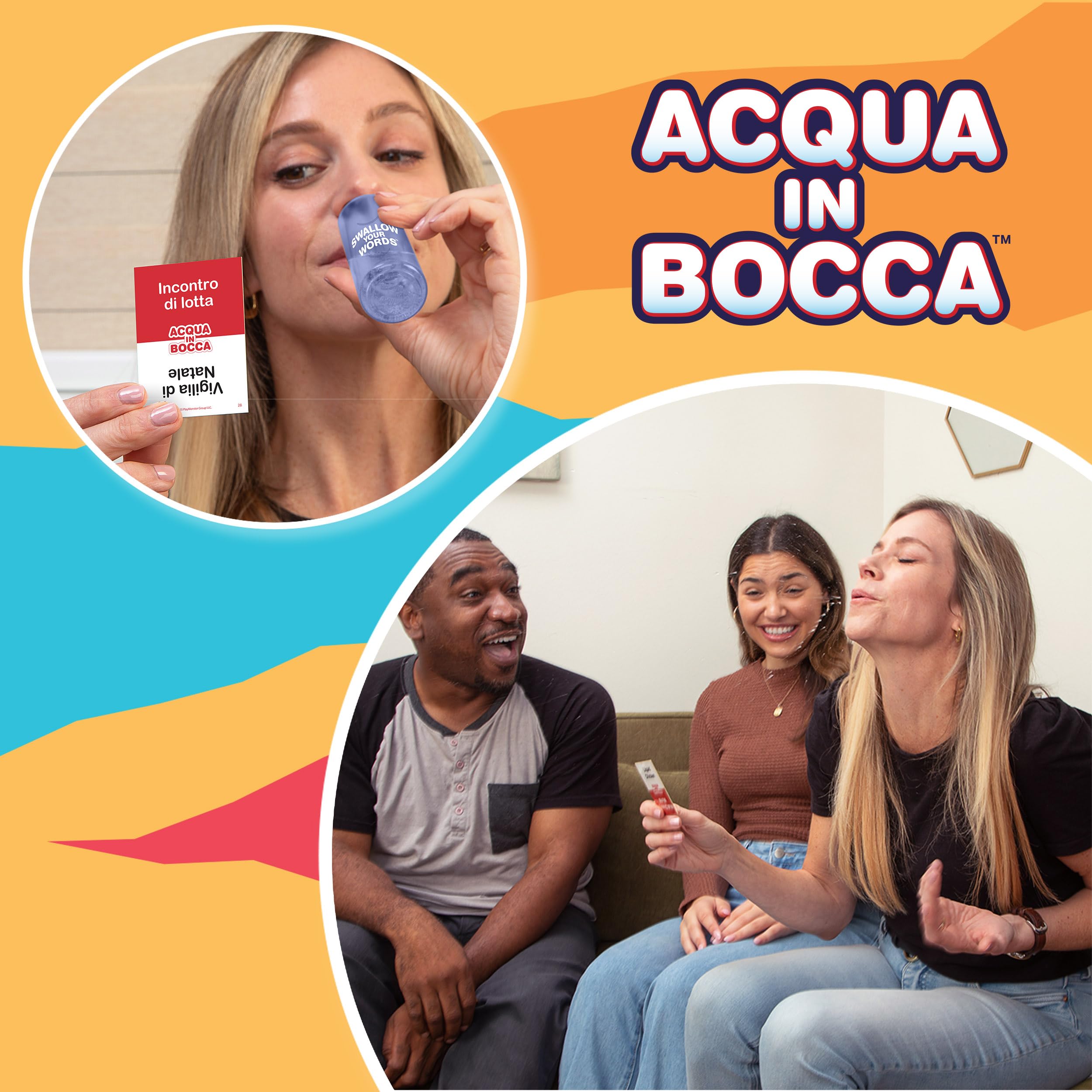 Goliath - ACQUA IN BOCCA - Gioco di Società Divertente per Bambini da 8 Anni in su - Parla con l’Acqua in Bocca - Party Game Esilarante - 2-4 Giocatori - Carte, Bicchieri, Clessidra - In Italiano