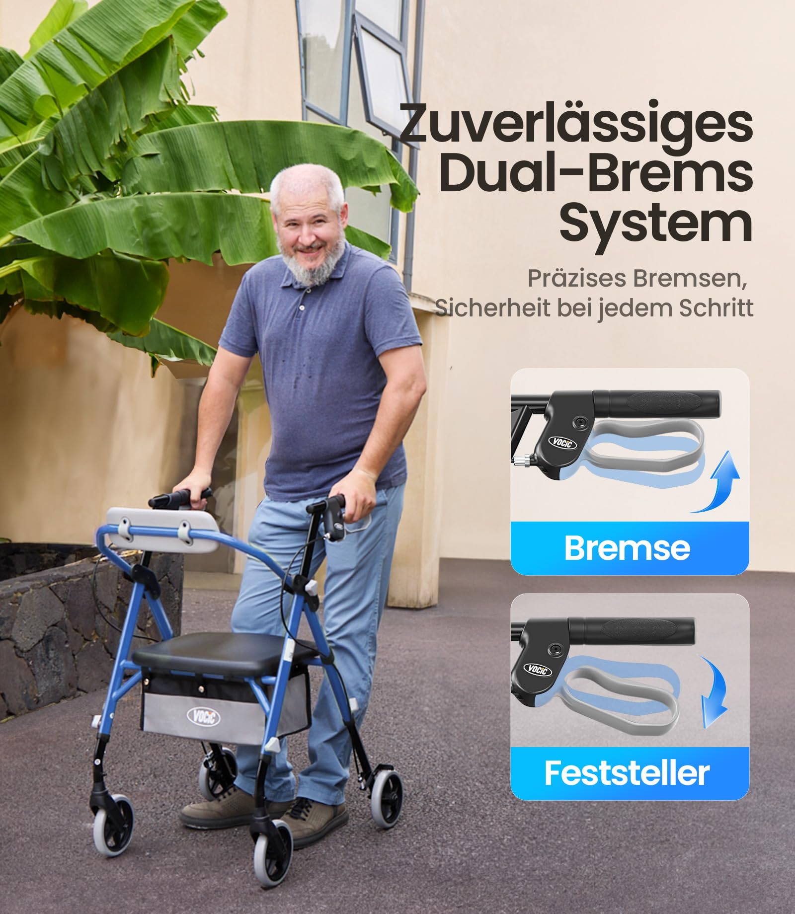 VOCIC Z11 Rollator faltbar und leicht mit Sitz,Max 172kg,Schmal für wohnung | Rollatoren leicht klappbar für Senioren, Sitz & Griff – Ergonomisch & Höhenverstellbar,Walker Meeresblau, 5 Jahre Support