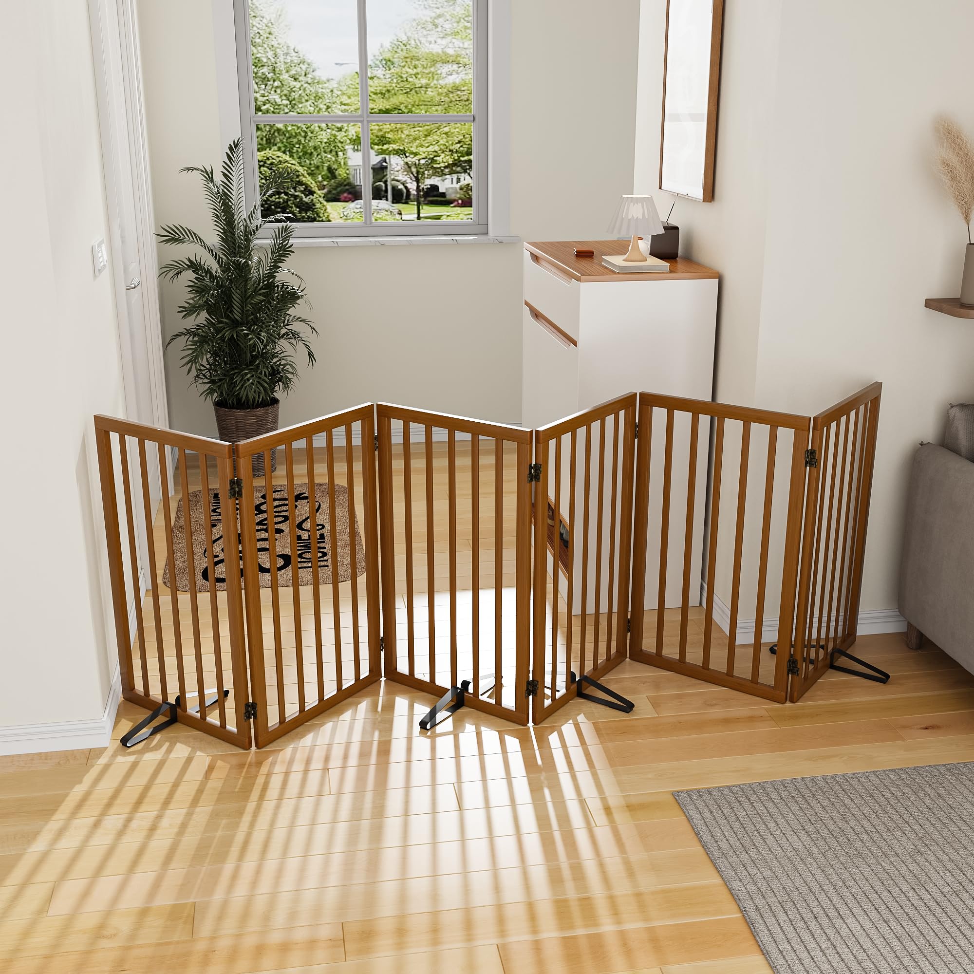 mino kesper dog gate 32" tall foldable dog gate for doorways freestanding pet gate for dogs indoor (walnut,6 panel)