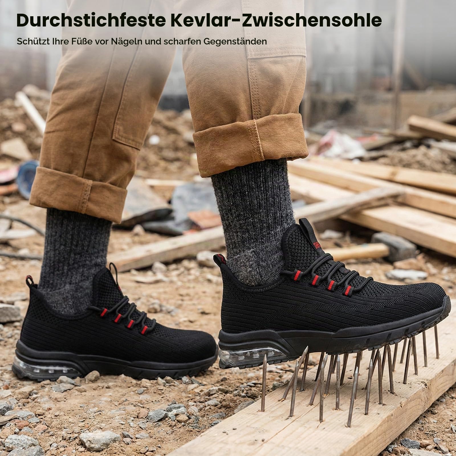 SPIEZ Arbeitsschuhe Herren Damen Leicht Sicherheitsschuhe Mit Luftpolster Kunststoffkappe, Atmungsaktiv Sportlich Schutzschuhe für BAU Industrie, Schwarz/Rot, EU 36–46
