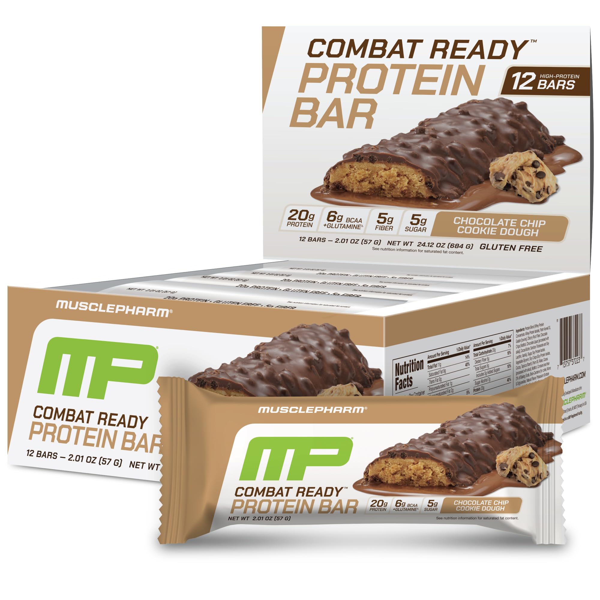 MusclePharm Combat Sport Bar, Chocolate Chip Cookie Dough, High Protein Bars, Combat Cravings, Fuel Performance & Meet Energy Demands, 20g Protein from Whey Protein, 5g Fiber, Gluten Free, 12 Bars