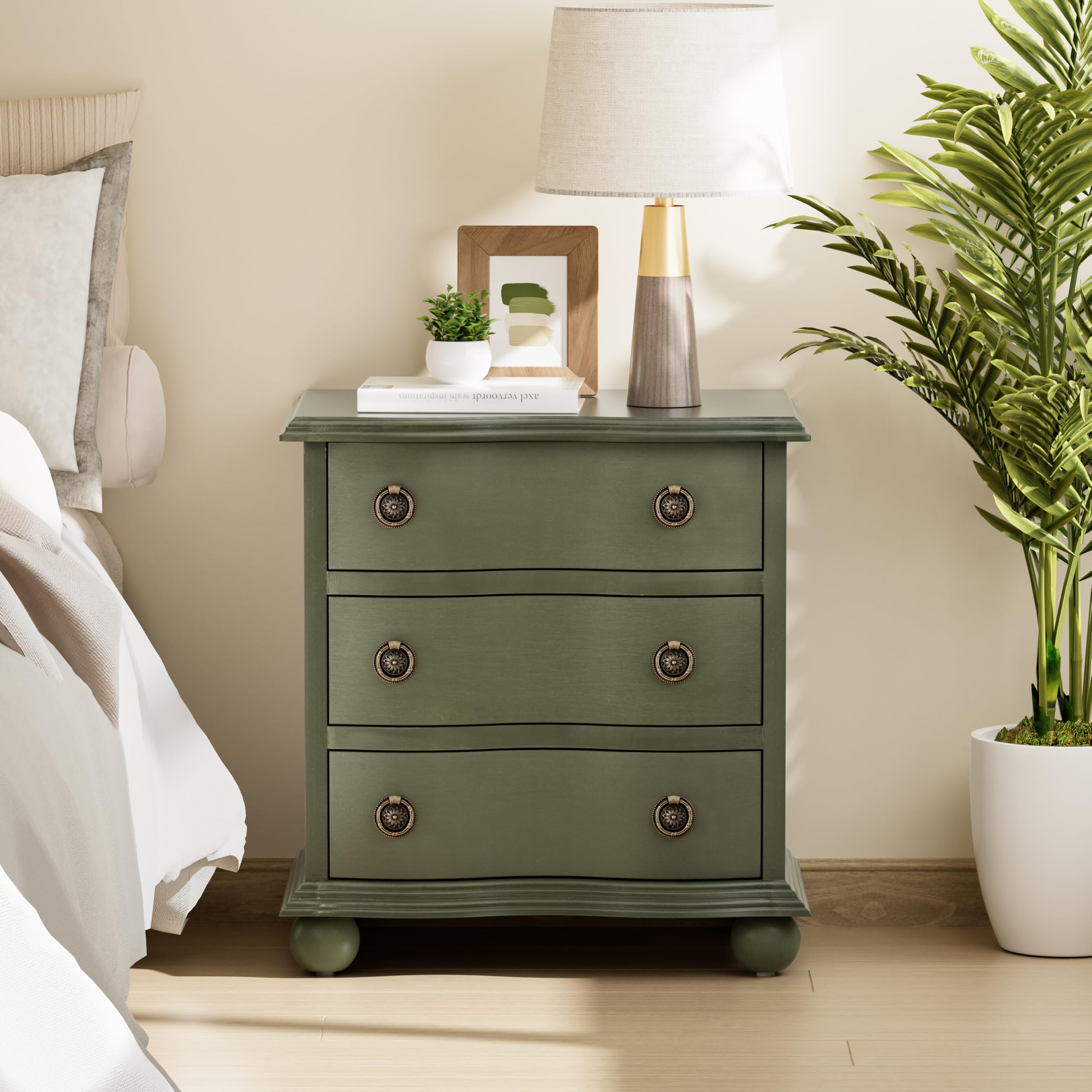 COZAYH Farmhouse 3 Drawer Nightstand with Distressed Wood Finish, Rustic Vintage Small Dresser with Curved Front Design, Solid Pine Base for Bedroom,