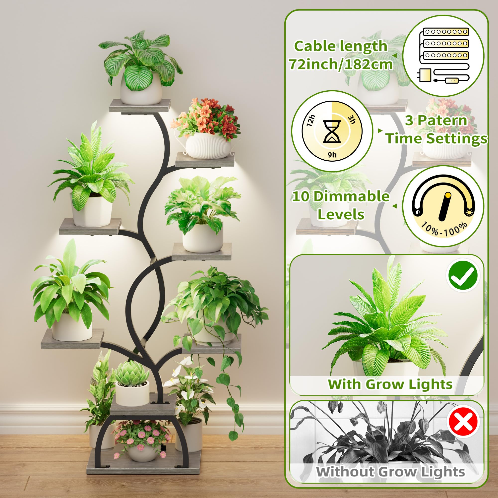 EVAWOO Support pour plantes d'intérieur avec lampe de croissance – Étagère d'angle à 8 niveaux pour plantes, étagère d'angle pour plantes de 124,5 cm de haut avec lumières pour culture en intérieur