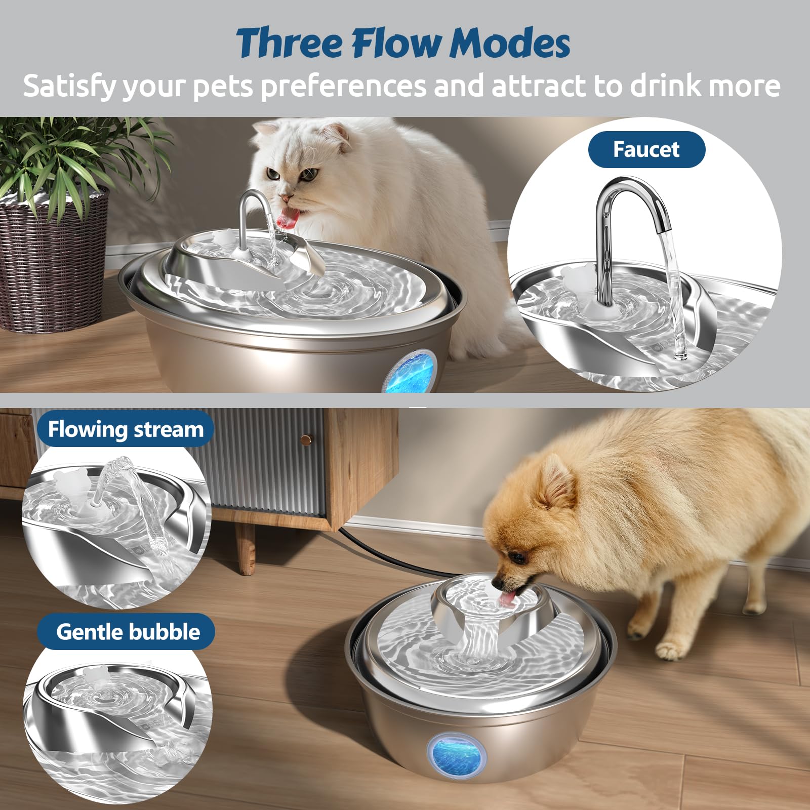 GoldenSun Cat Water Fountain, 67oz/2L Stainless Steel Pet Water Fountain Inside - Image 3