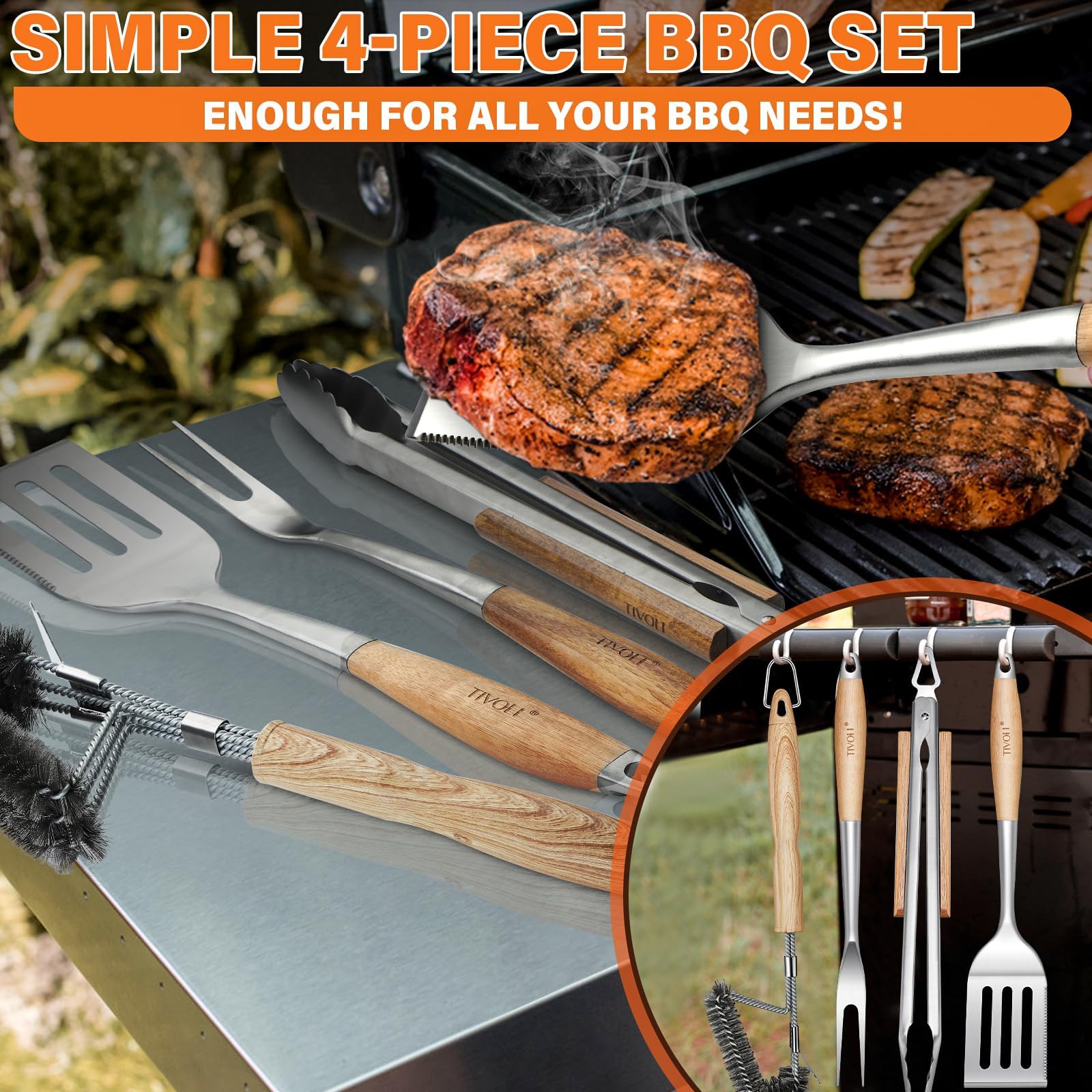TIVOLI Set di utensili per barbecue in acciaio inox, 4 pezzi | Include pinze, spatola, forchetta e spazzola per barbecue da giardino, grigliare e cucinare all'aperto con facilità.