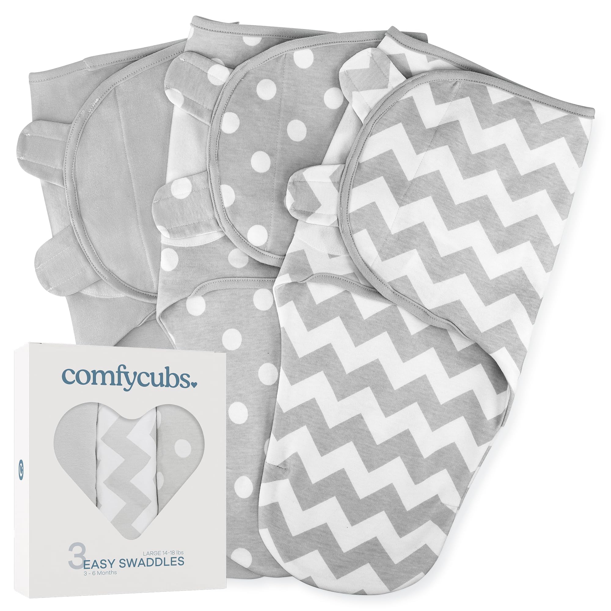 Comfy Cubs Swaddle Blanket Baby Girl Boy Easy Adjustable 3 Pack Infant Sleep Sack Wrap Newborn Babies (Grey, Large)