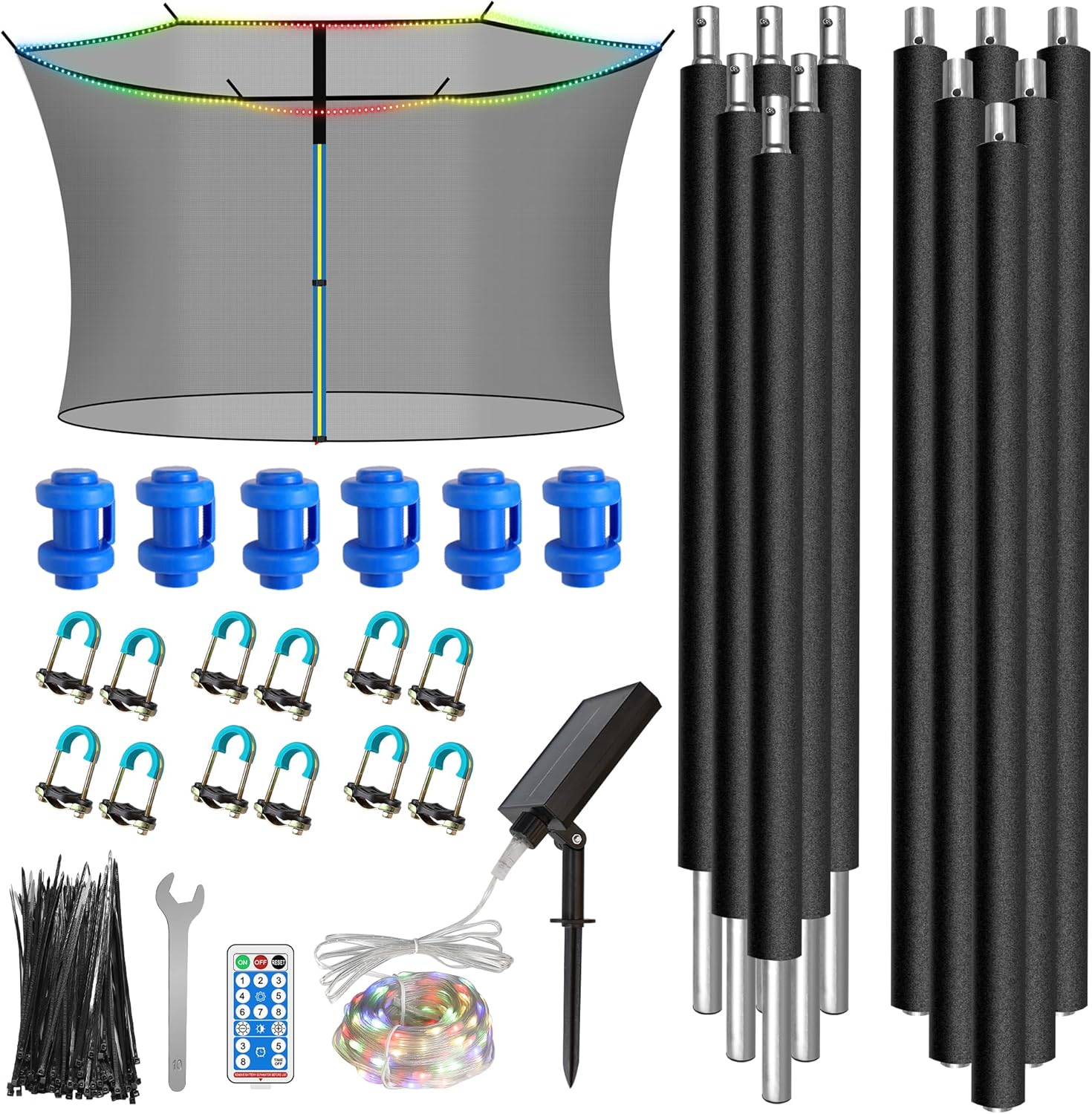 6pcs trampoline replacement poles and 14ft enclosure net with solar light, universal trampoline replacement net and enclosure pole with caps & hardware, fits 14ft round frame with 6 straight pole
similar not exact item 
incomplete 