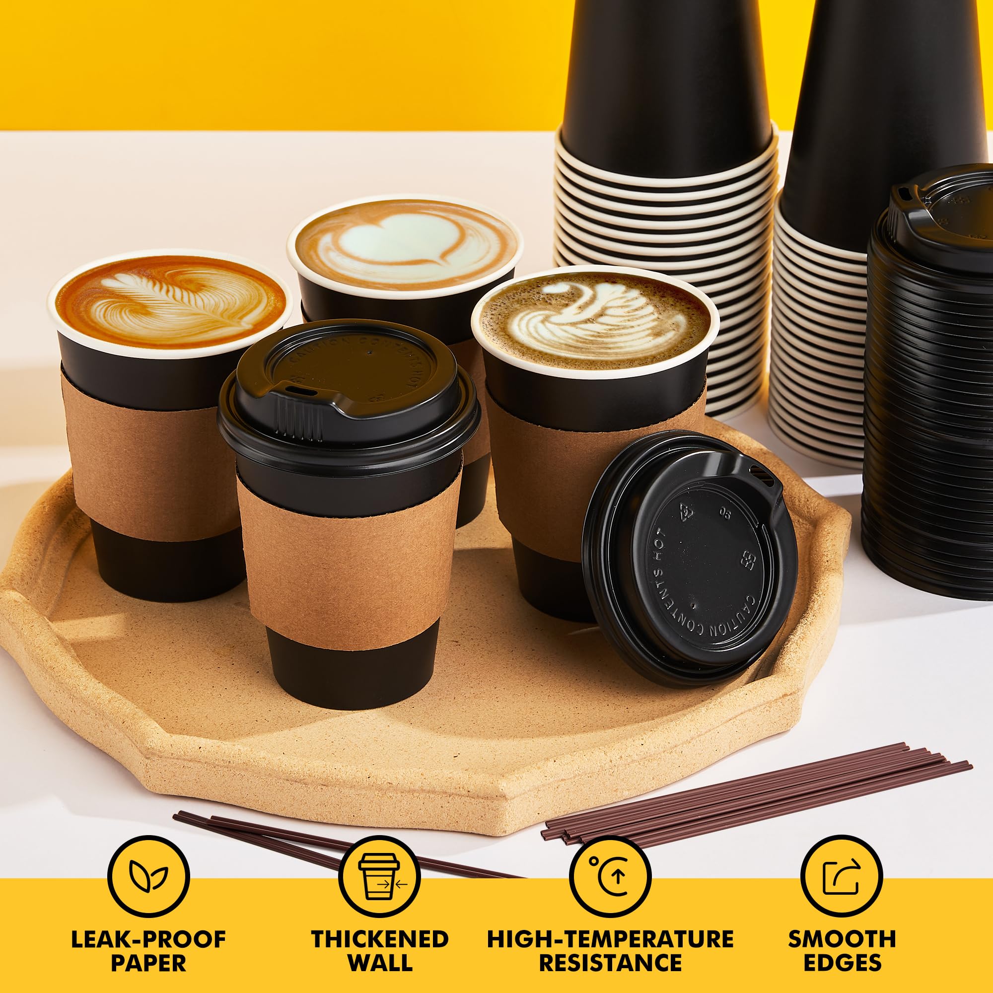 RACETOP Coffee Cups with Lids 12 oz 100 Pack, Black Cups with Sleeves — Amazon image 7
