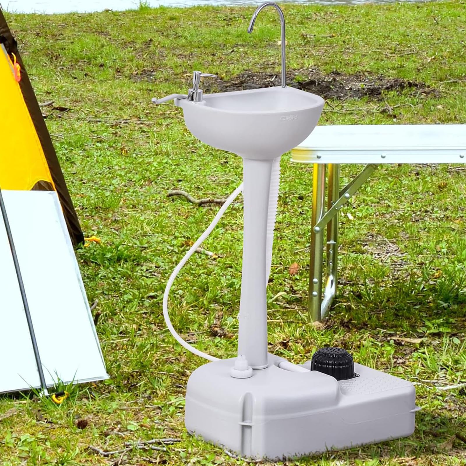 Lavandino da campeggio portatile con ruote, supporto per lavabo da 17 litri, porta asciugamani e dispenser di sapone, lavello da cantiere all'aperto